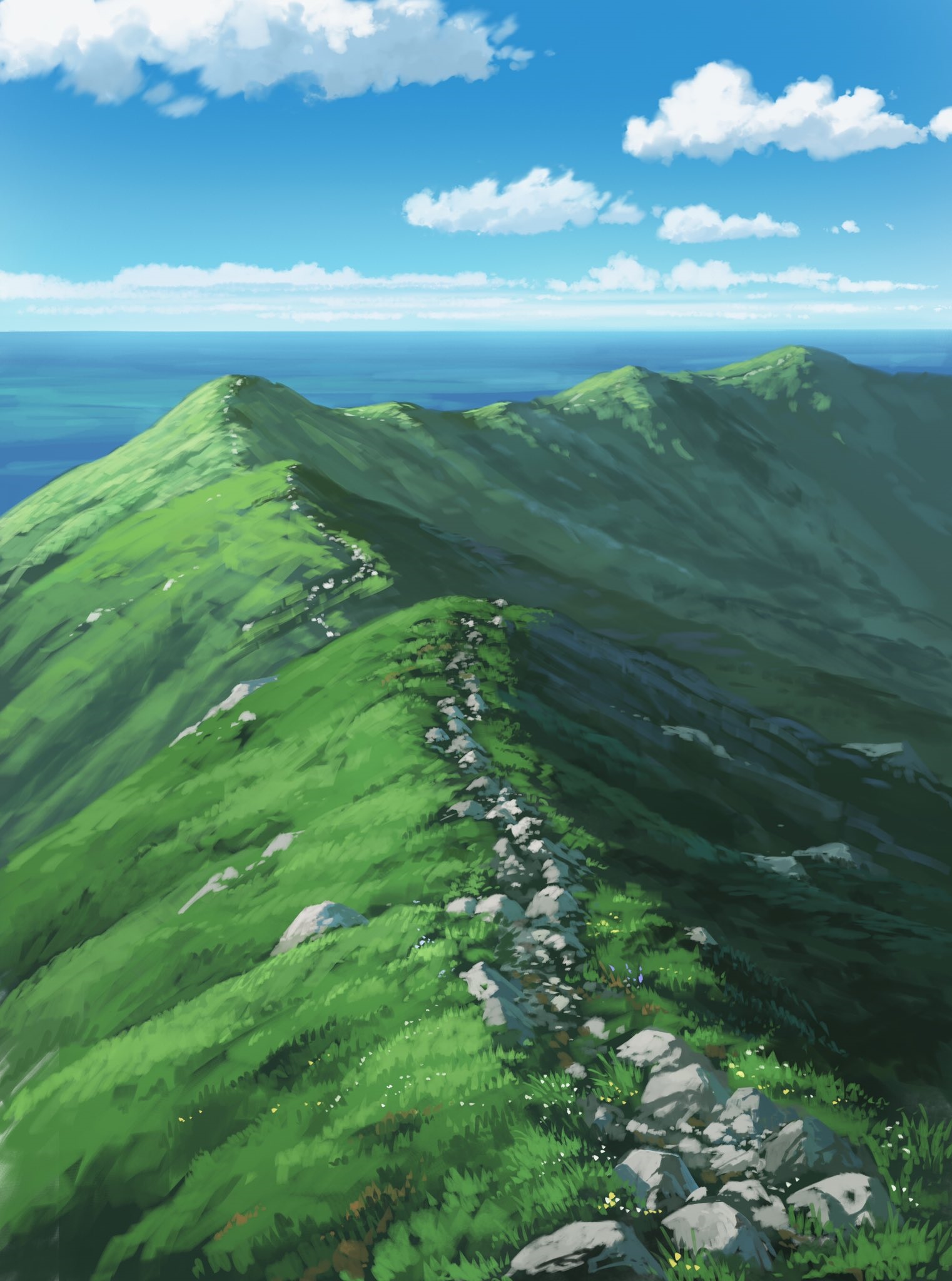 Green mountain pass with ocean and sky HD Phone Wallpaper