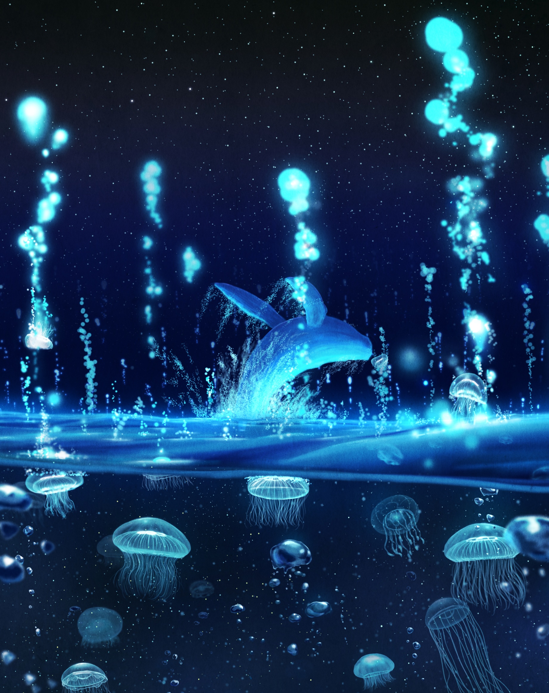 Glowing whale and jellyfish in starry ocean HD Phone Wallpaper