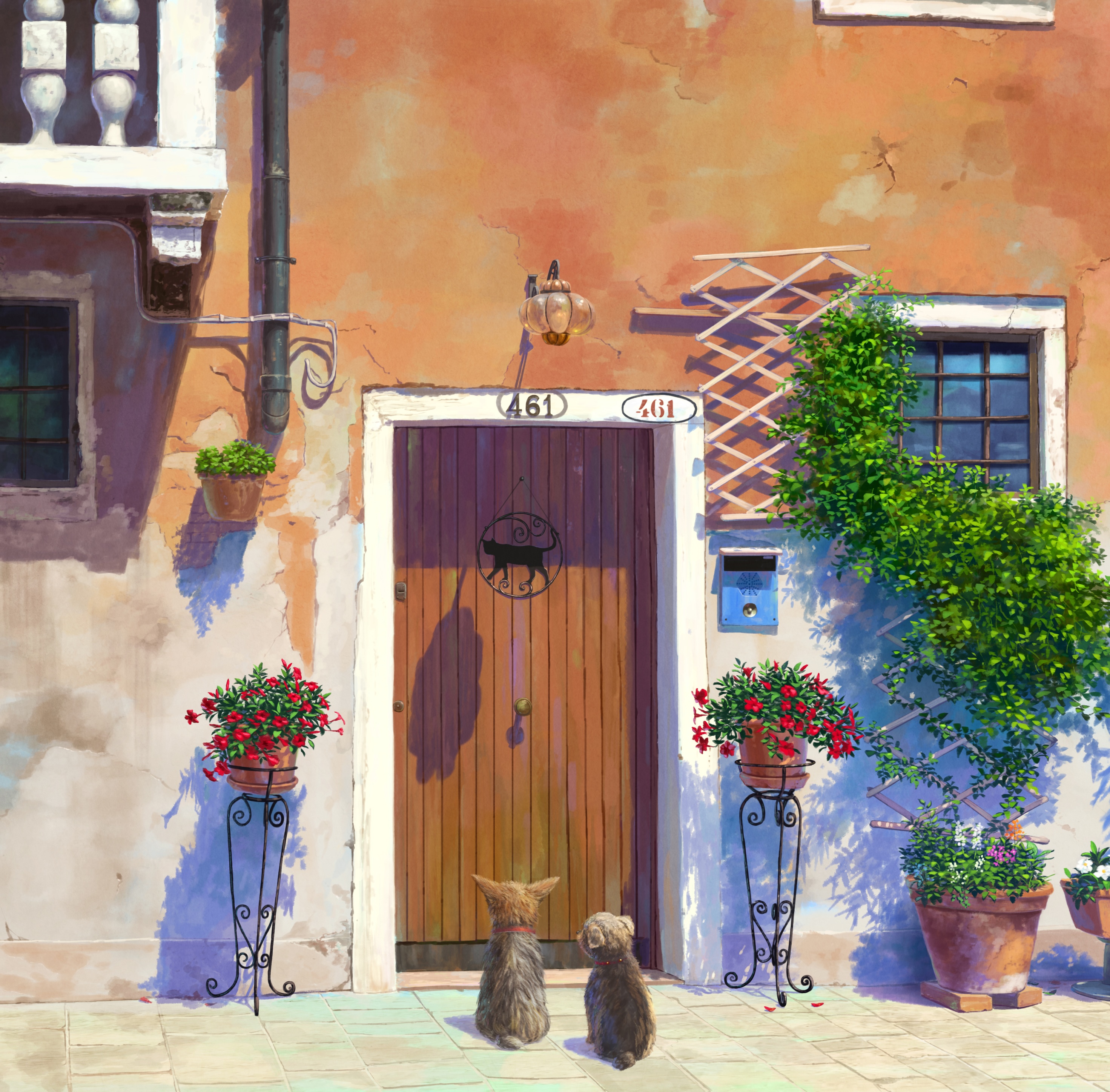 Two dogs at a wooden door with flowers HD Wallpaper