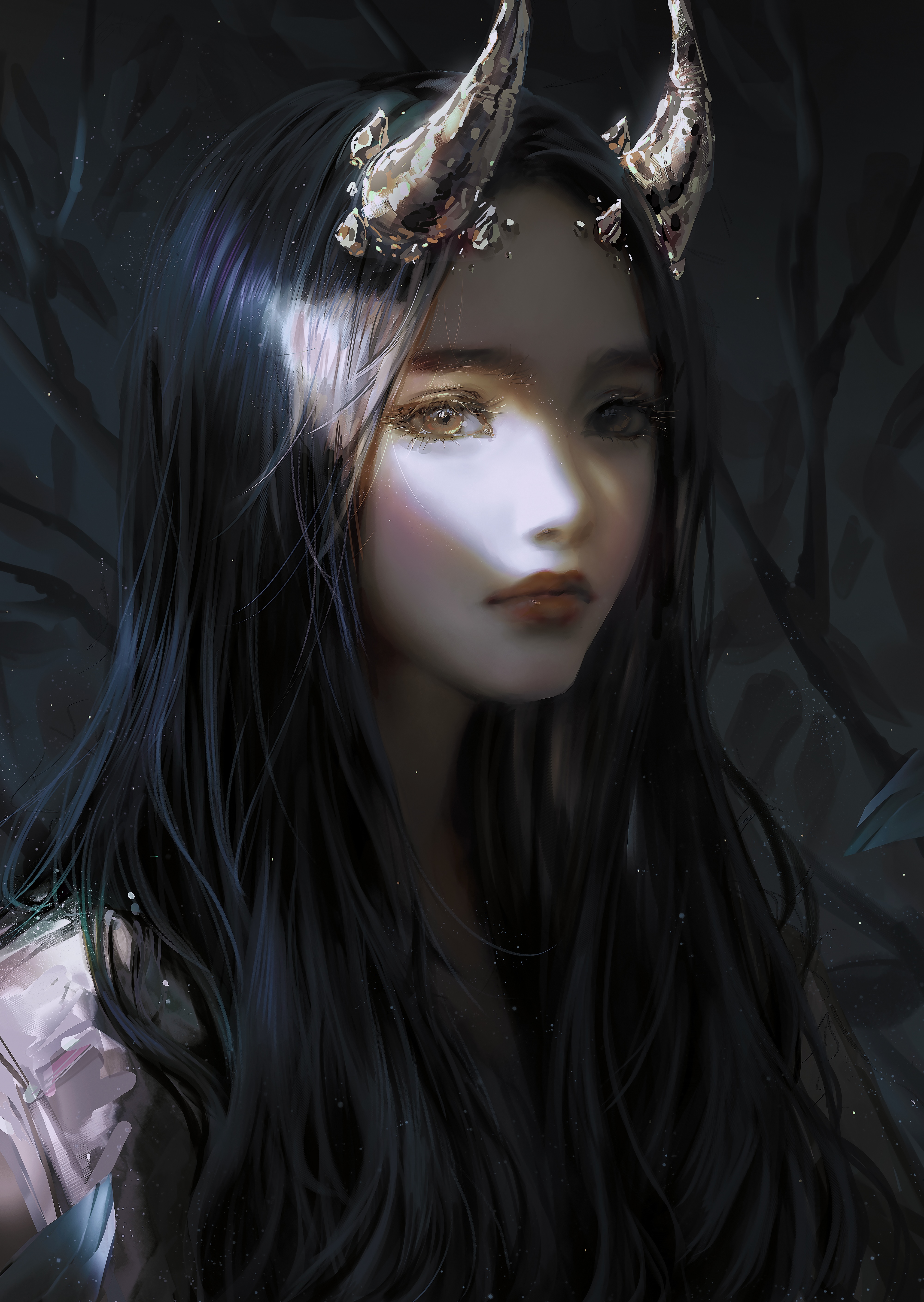 4K fantasy girl with horns and dark hair HD Phone Wallpaper