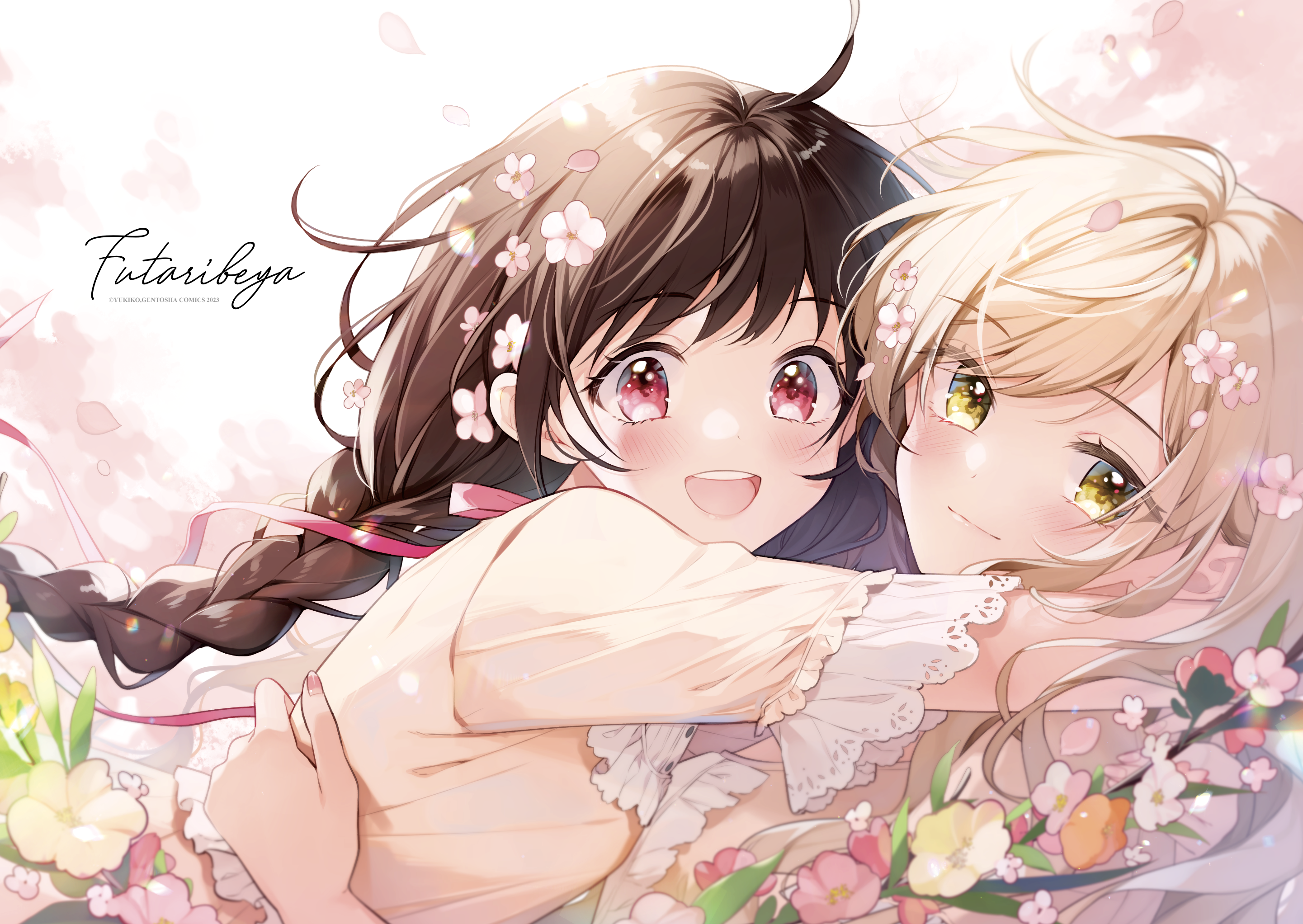 Two girls hugging with flowers in their hair HD Wallpaper
