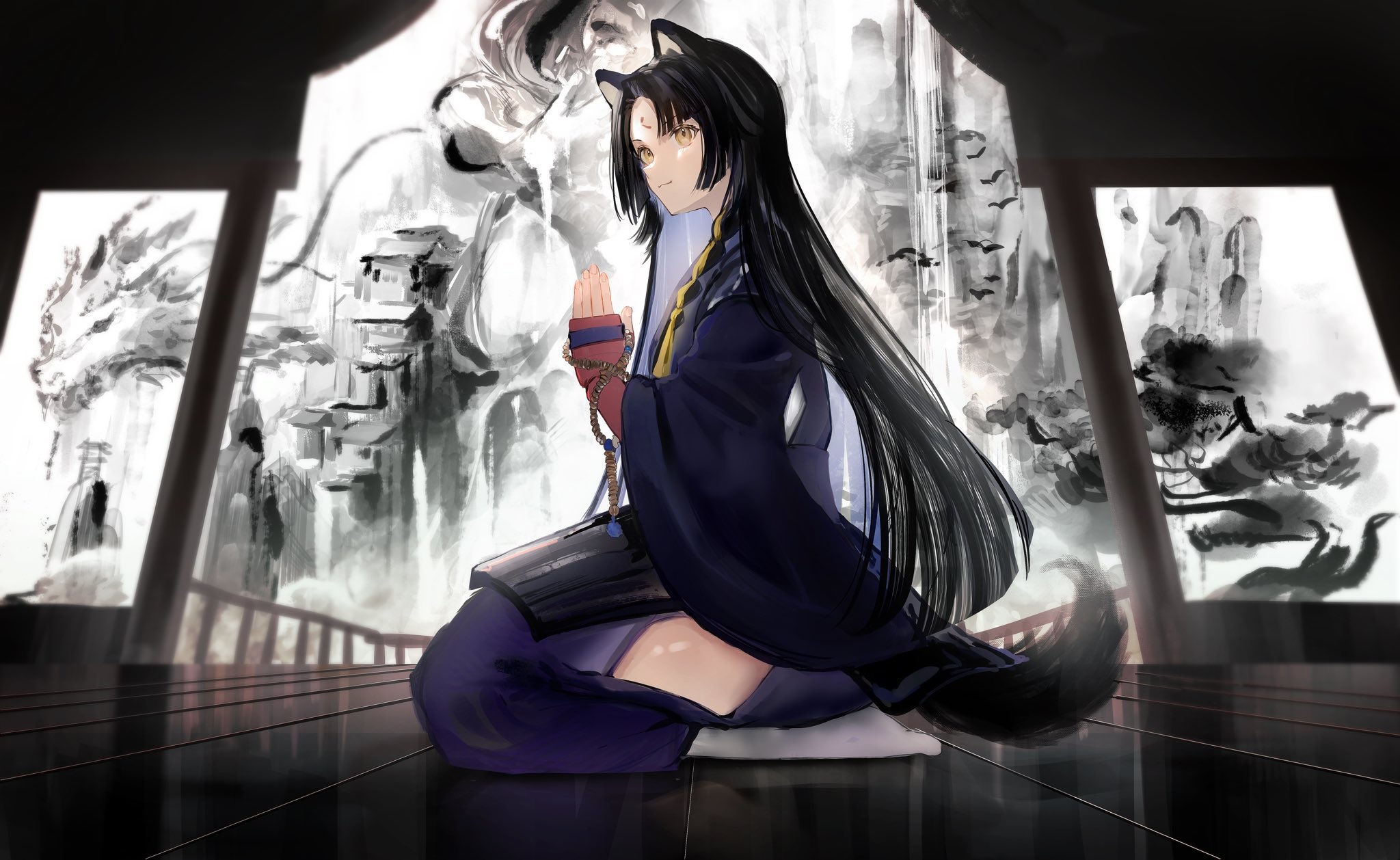 Saga from Arknights kneeling with fox ears and tail HD Wallpaper