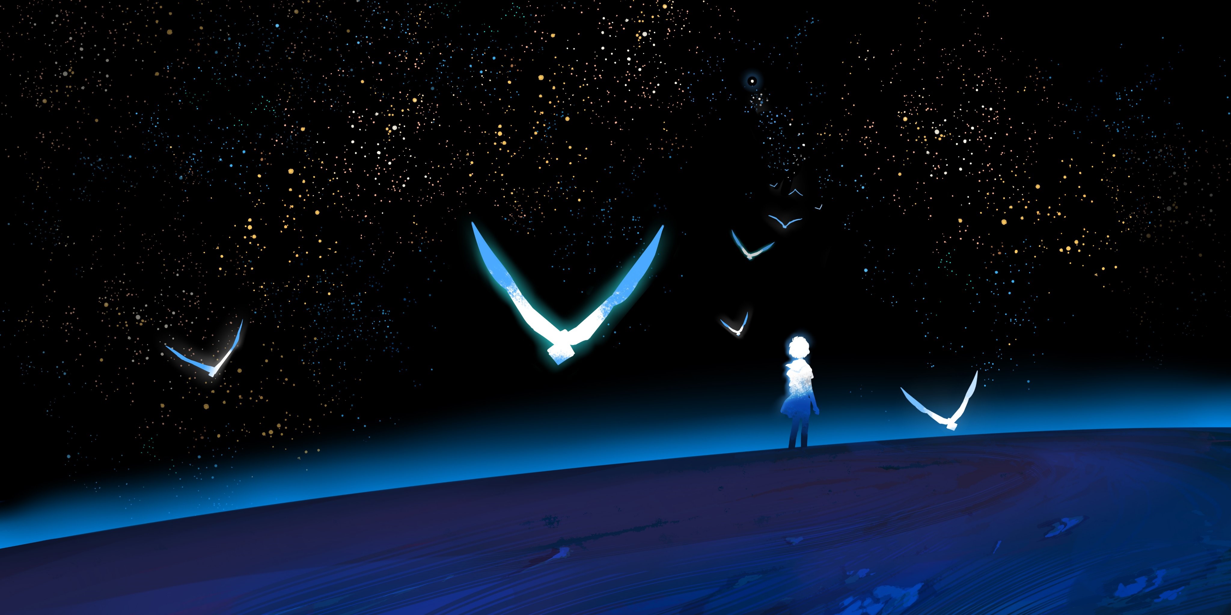 4K digital painting of a girl and birds in space HD Wallpaper
