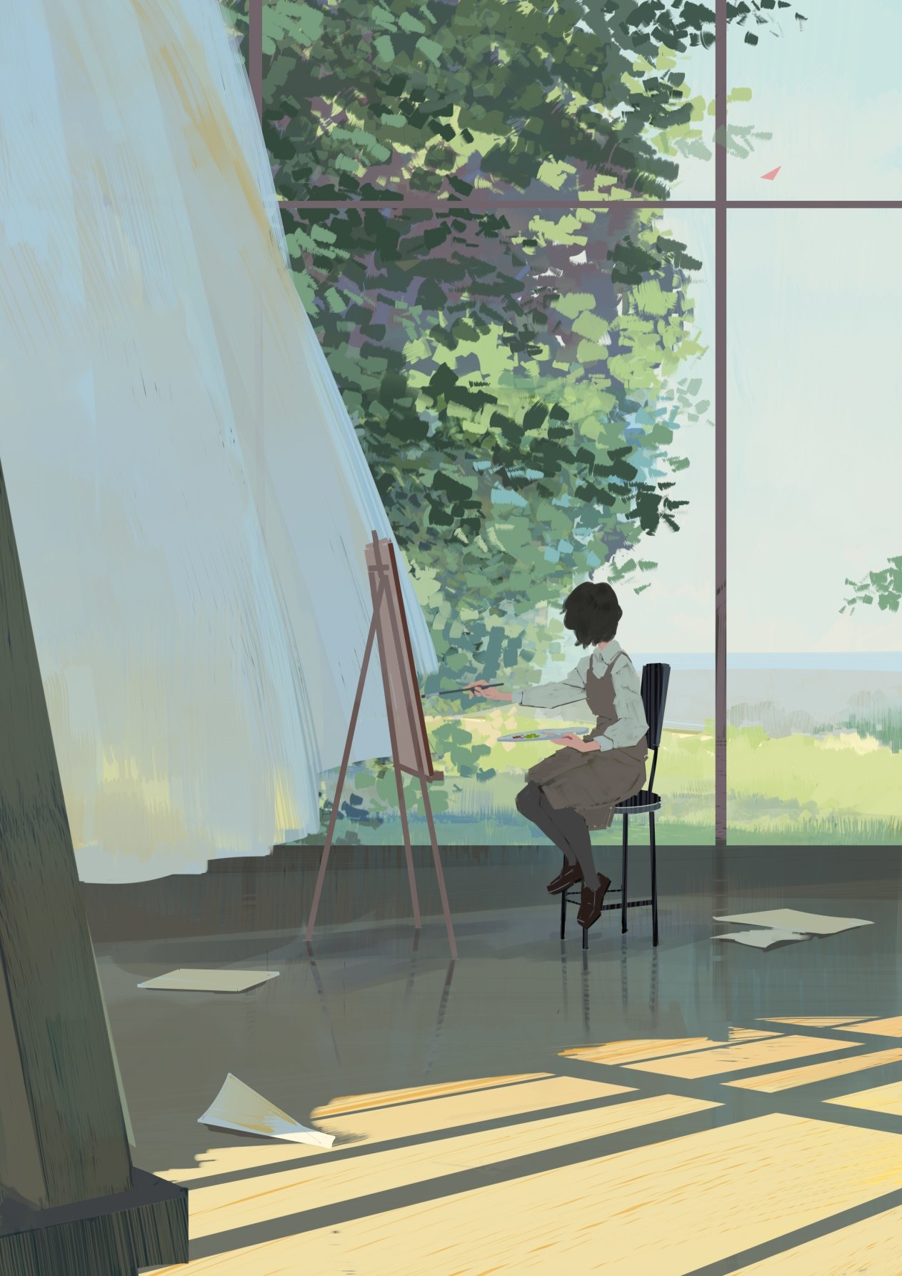 Artist painting by a large window with trees outside HD Phone Wallpaper