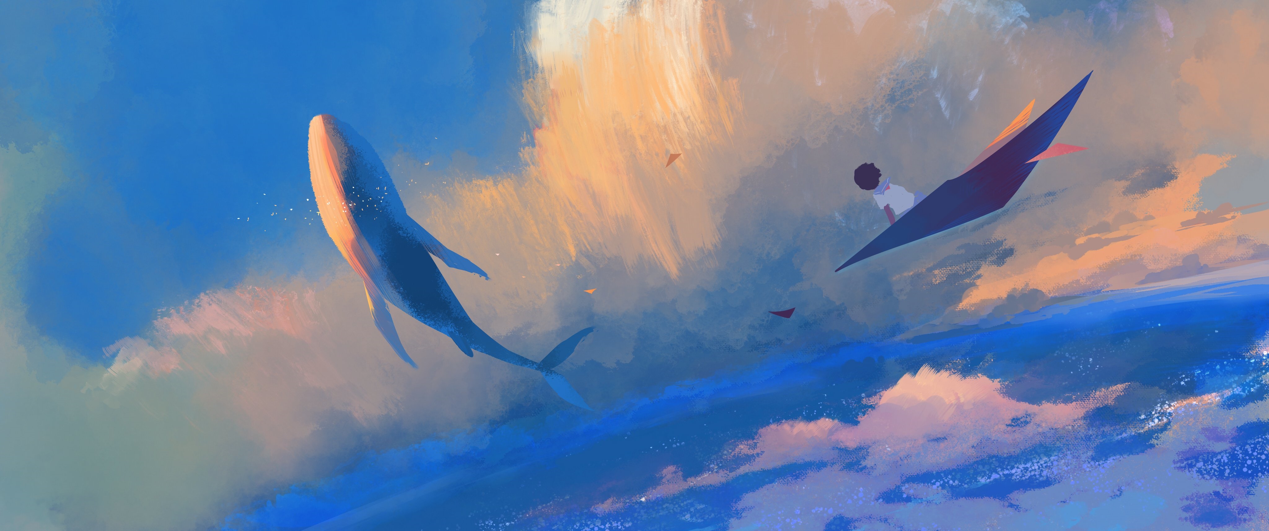 4K digital painting of a whale and a person on a glider HD Wallpaper
