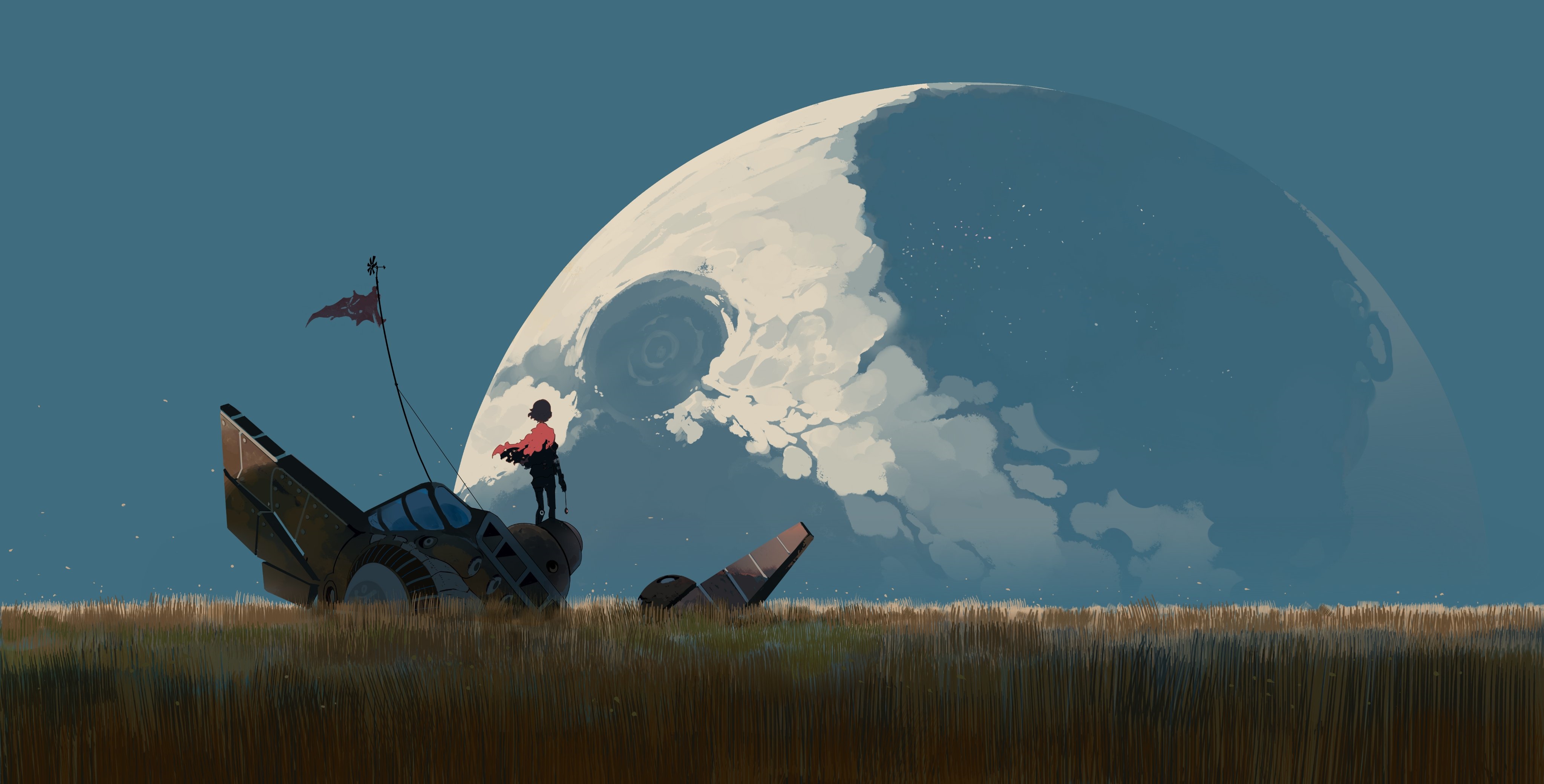 Digital painting of a person on a ship with a large planet HD Wallpaper