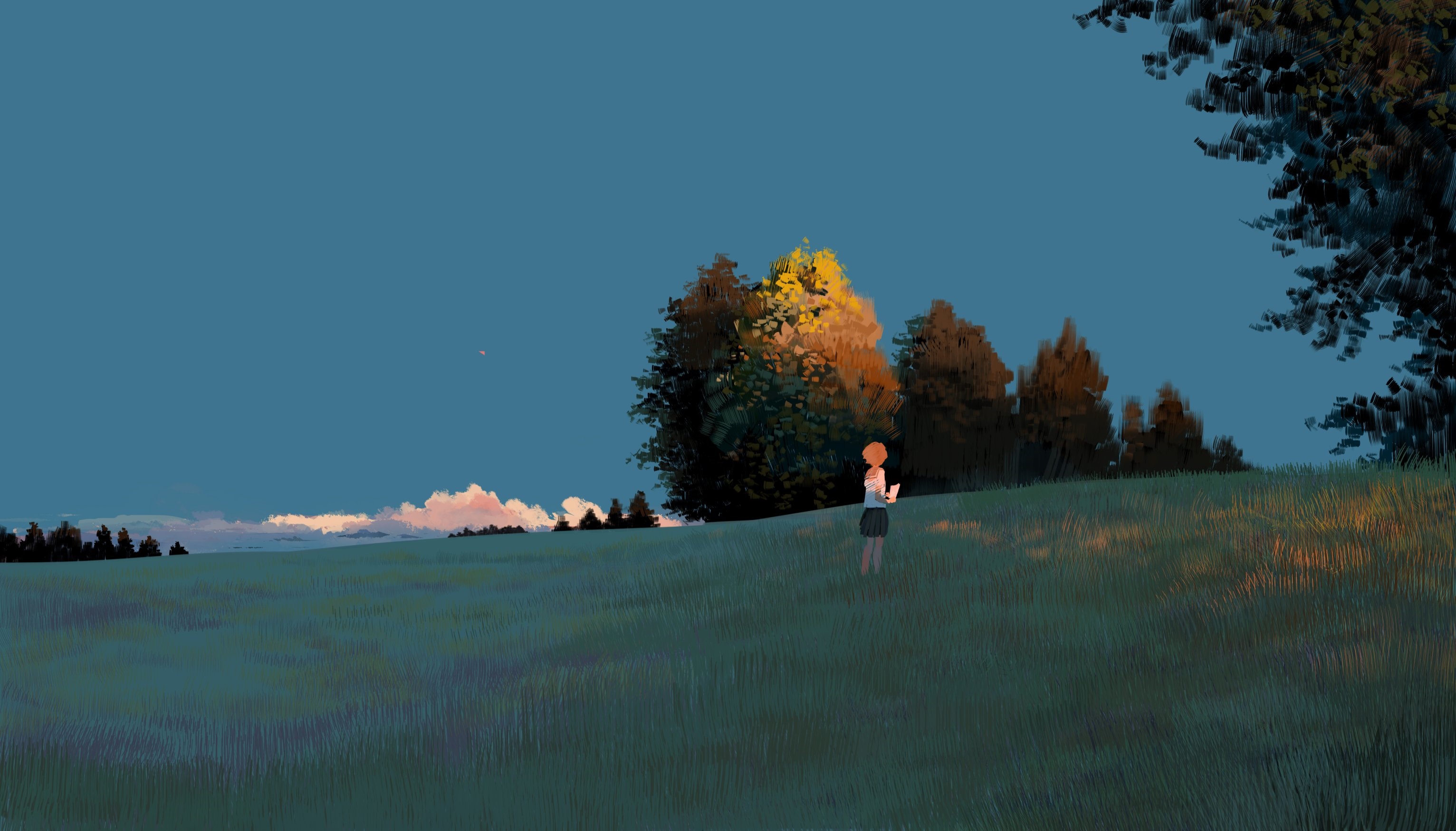Girl in school uniform reading in a grassy field at sunset HD Wallpaper