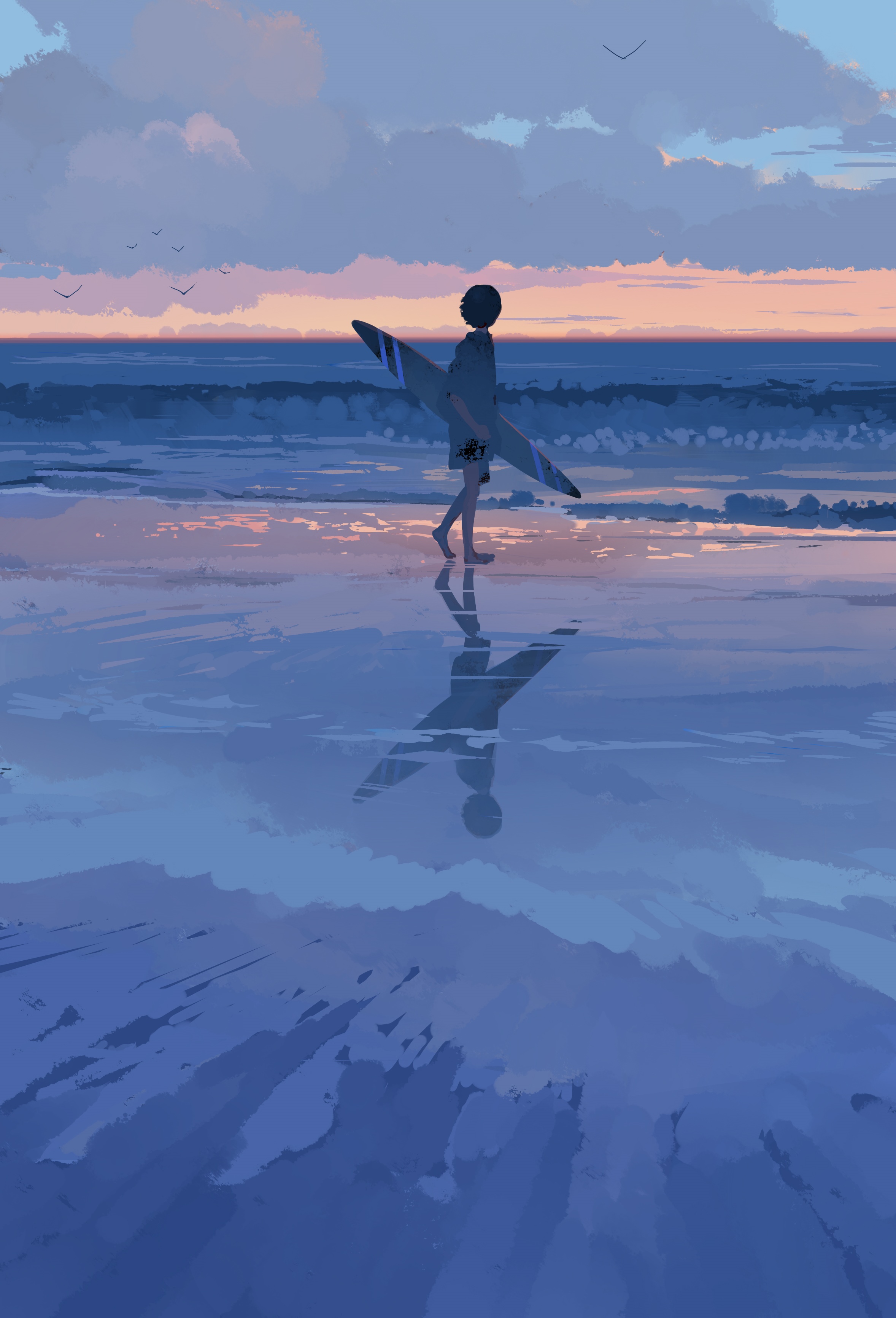 Surfer walking on the beach at sunset HD Phone Wallpaper