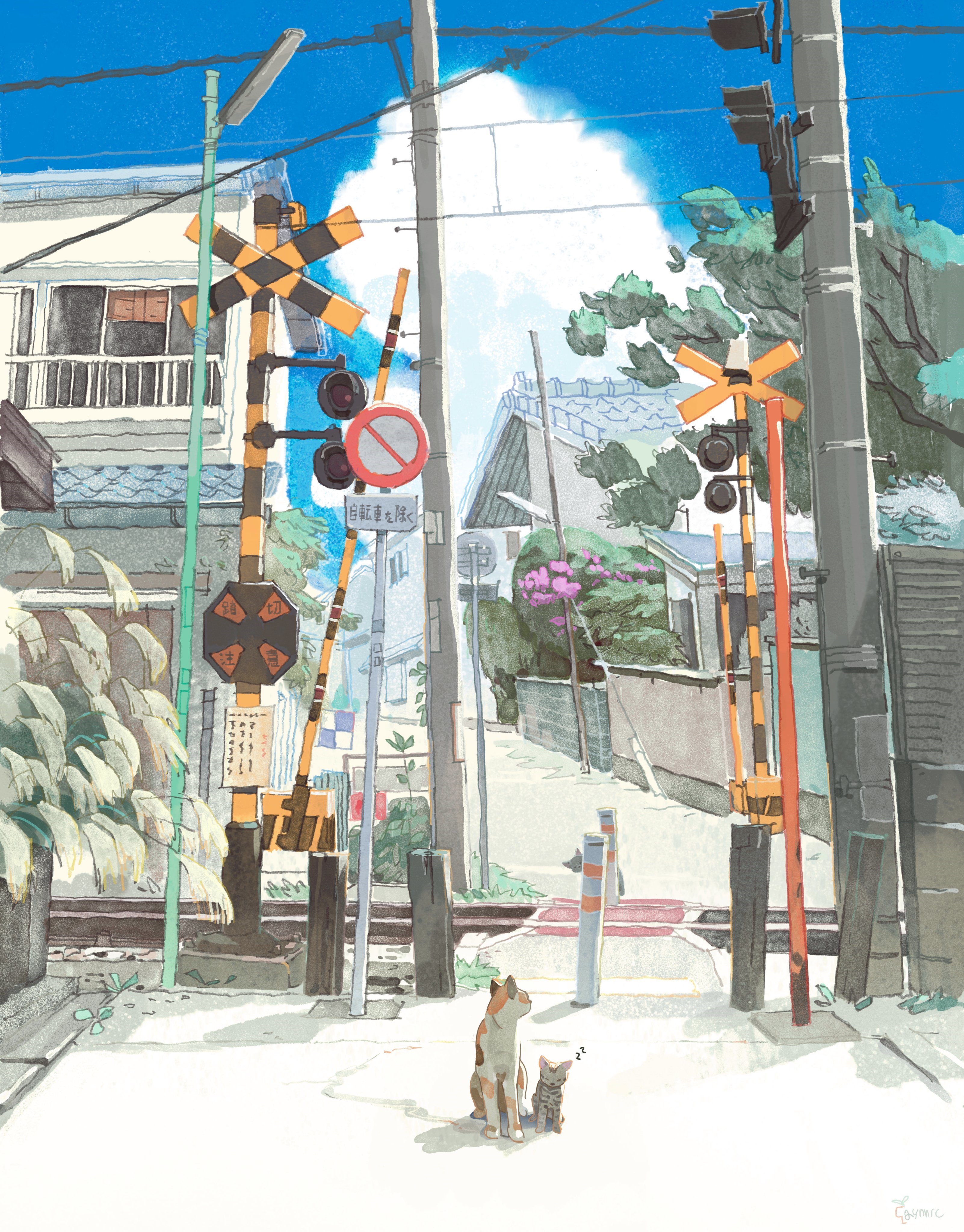 Cats at a Sunny Japanese Railway Crossing HD Phone Wallpaper