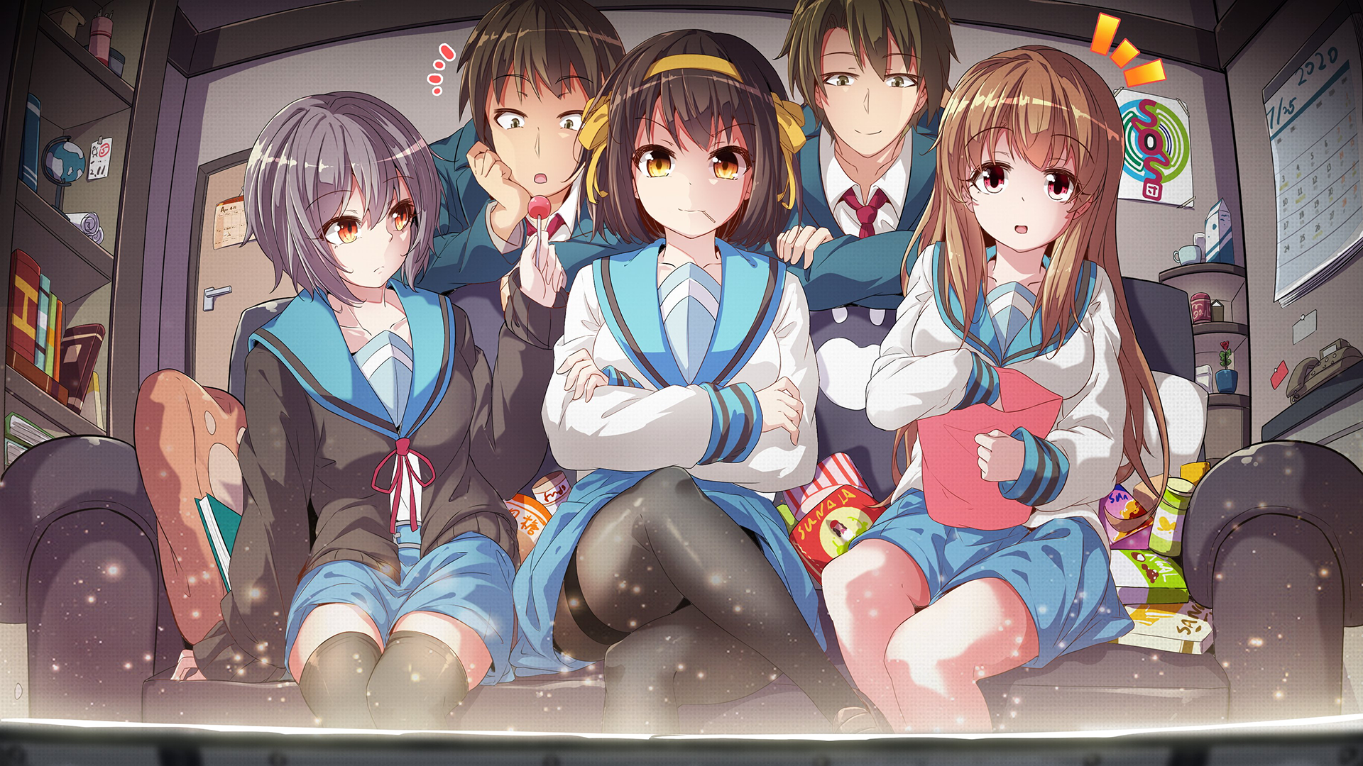 The Melancholy of Haruhi Suzumiya characters watching TV HD Wallpaper