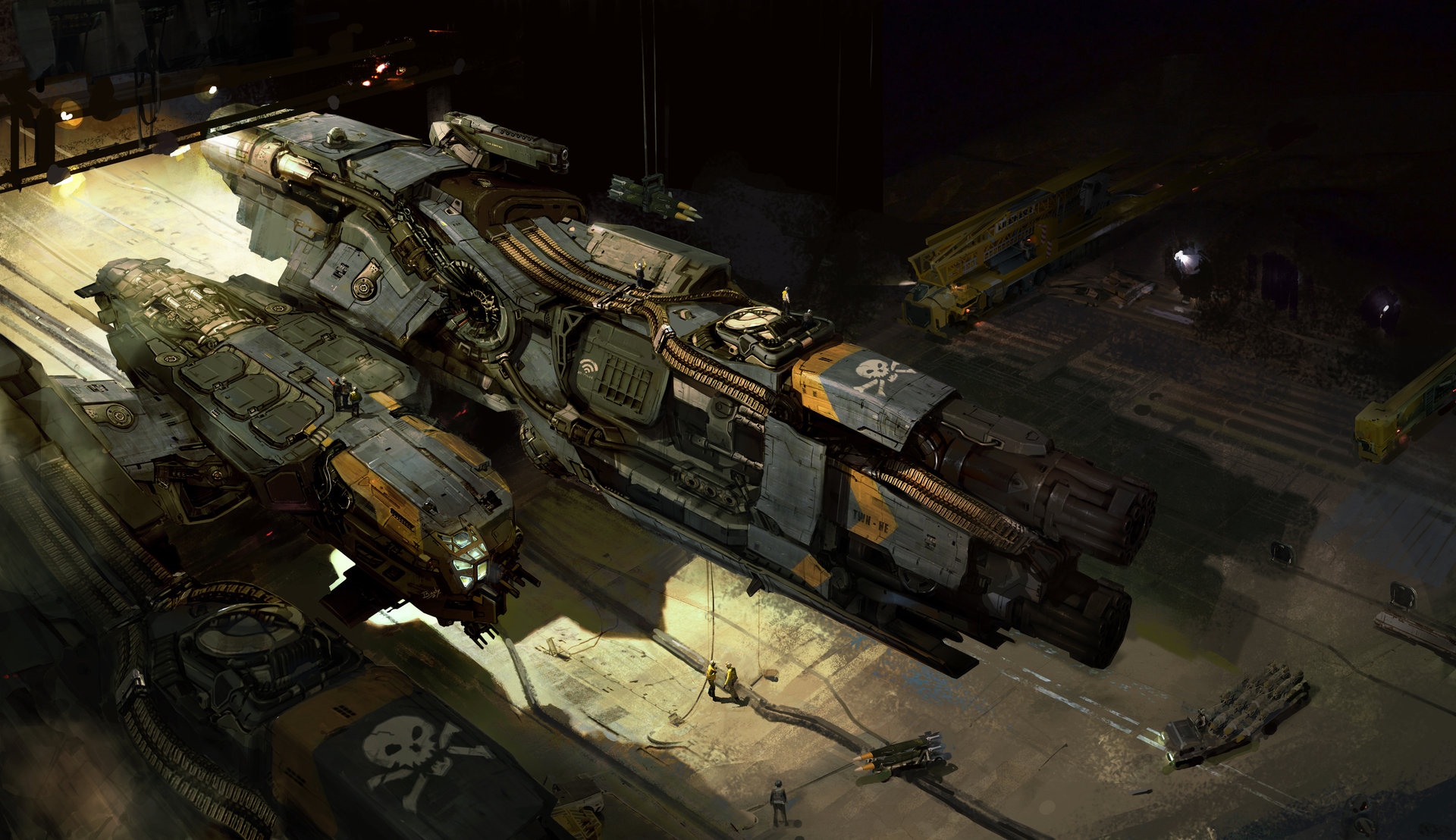 Futuristic military spaceship in a dark hangar HD Wallpaper
