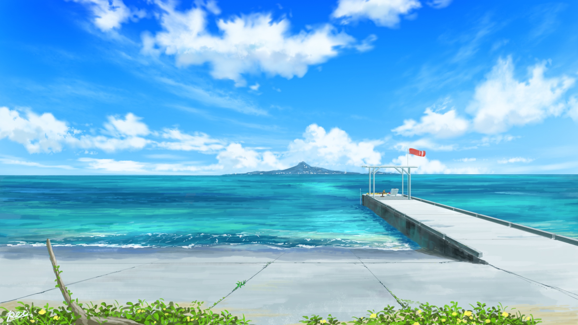 Pier with island and ocean under a cloudy sky HD Wallpaper