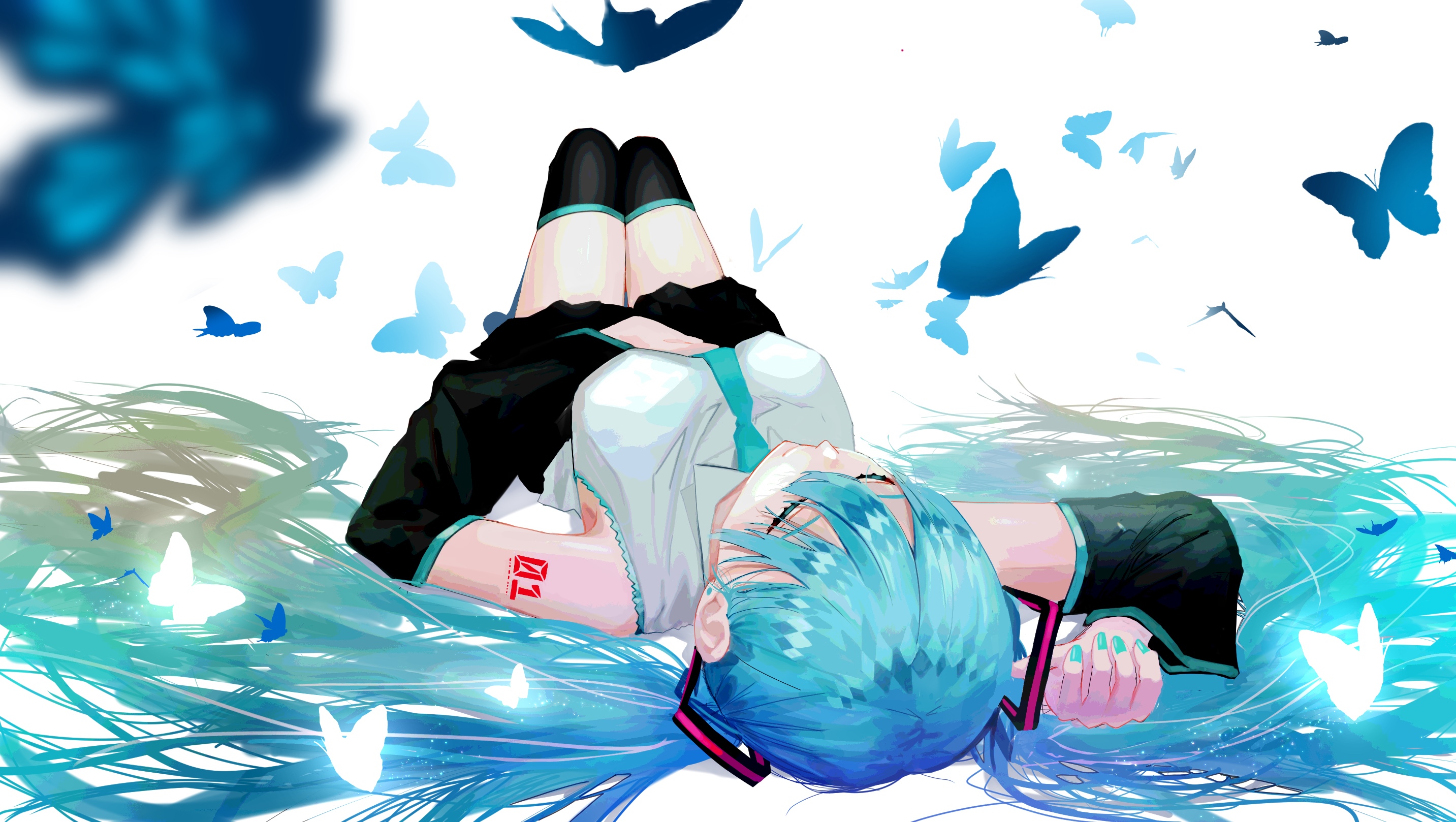 Hatsune Miku lying down with blue butterflies HD Wallpaper