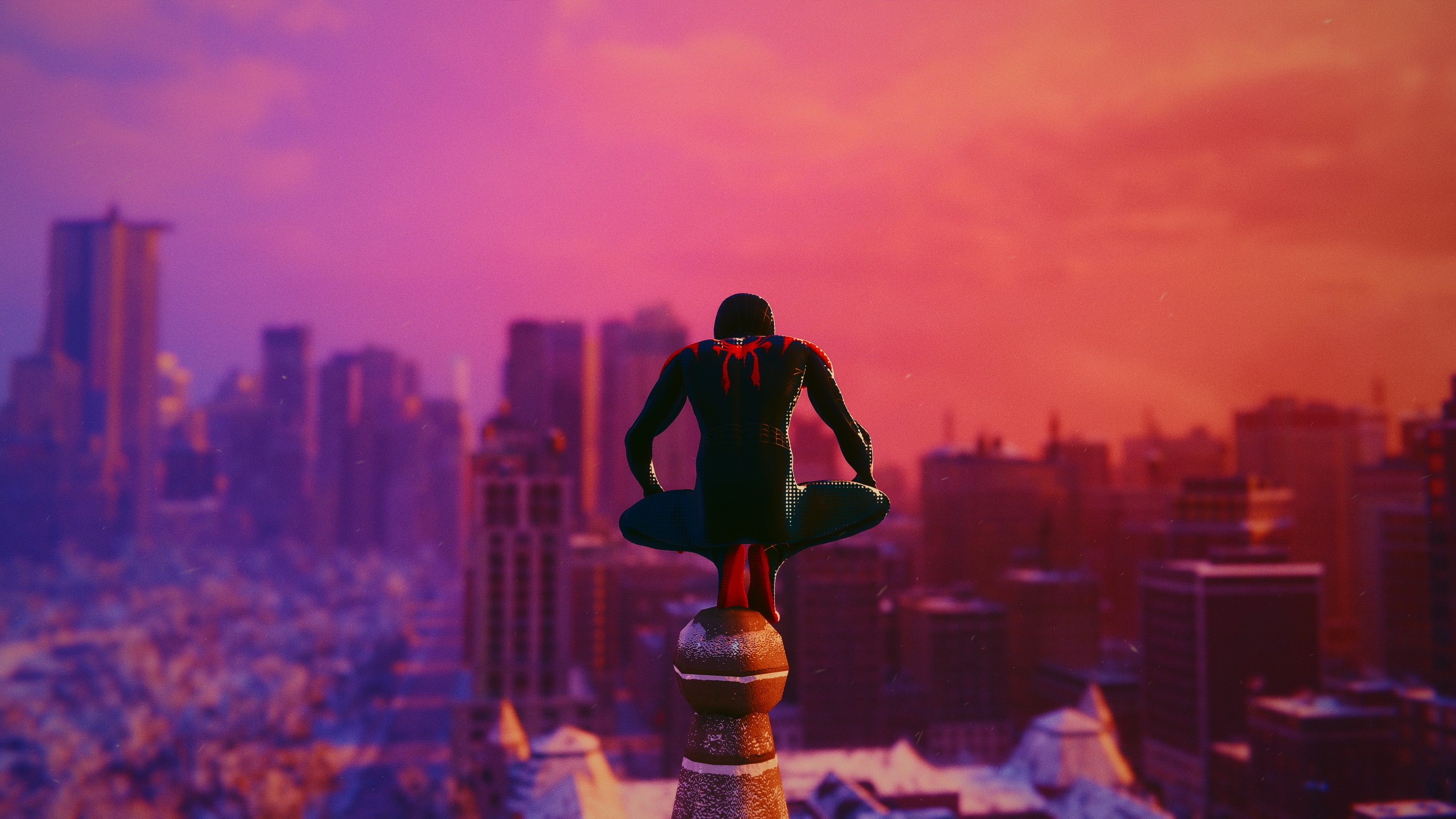 Spider-Man Miles Morales sitting on a building HD Wallpaper