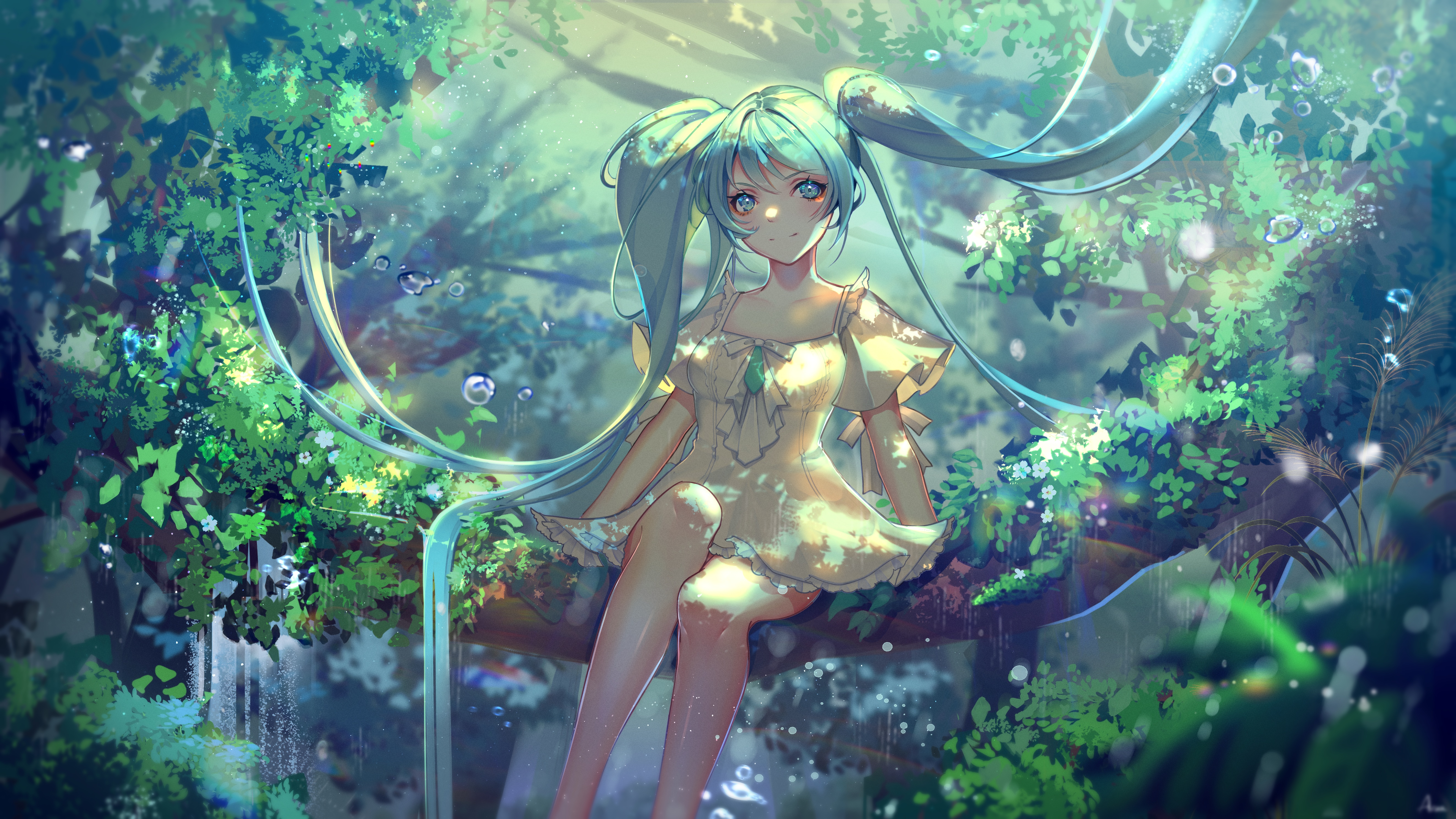 4K Hatsune Miku in a forest with sunlight HD Wallpaper