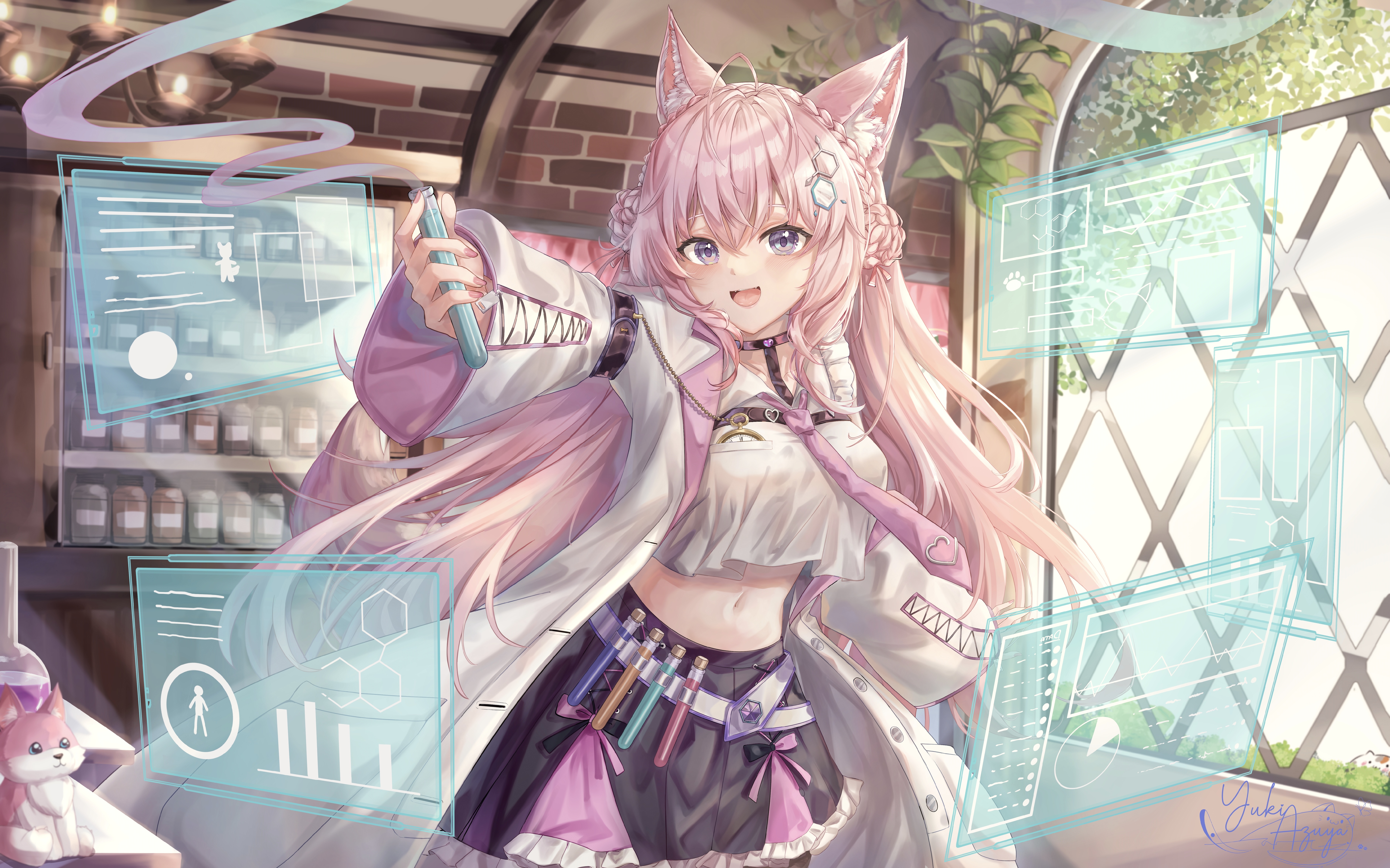 Hakui Koyori in a lab coat with pink hair and cat ears HD Wallpaper