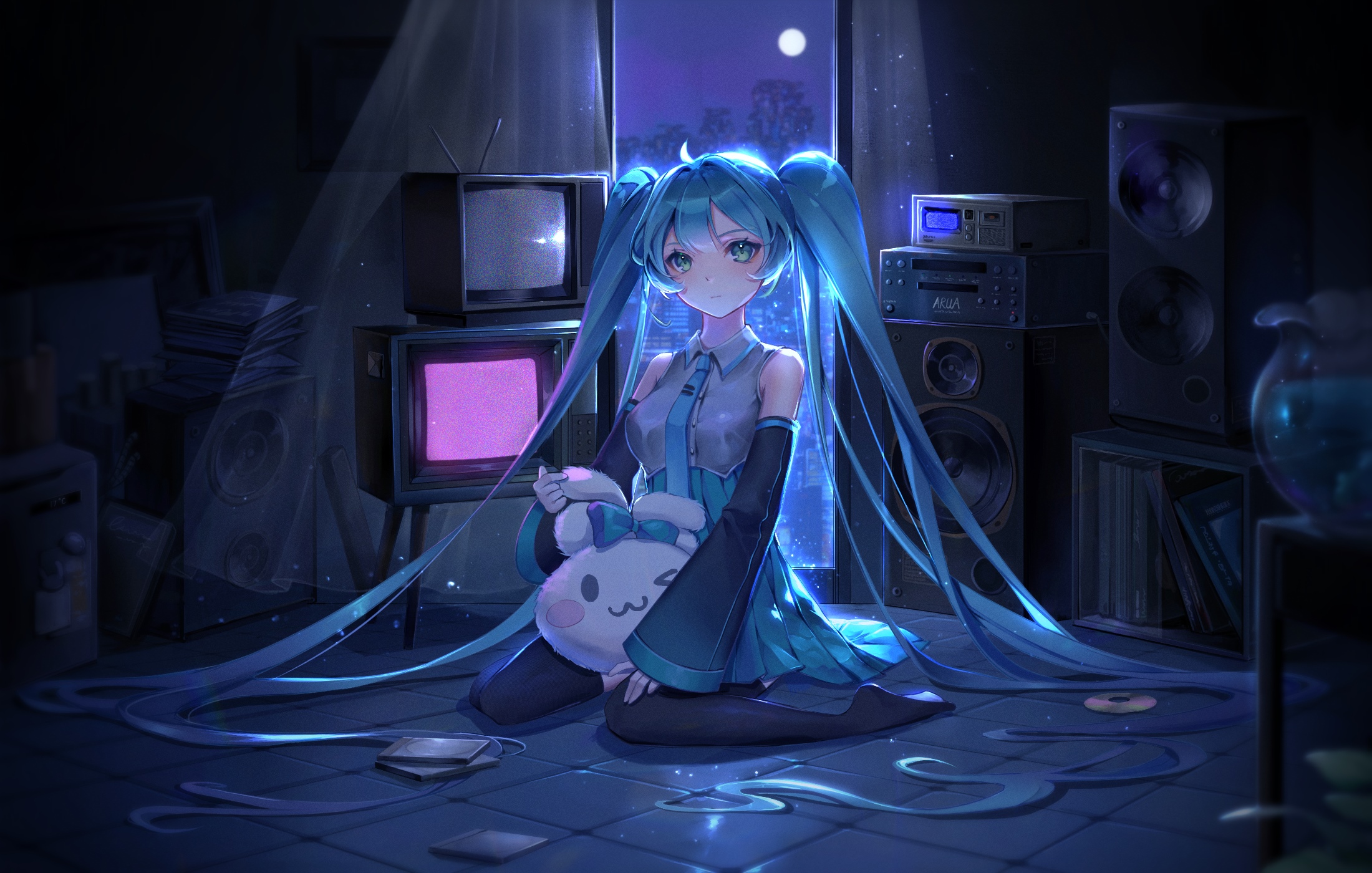 Hatsune Miku with stereos and TVs at night HD Wallpaper