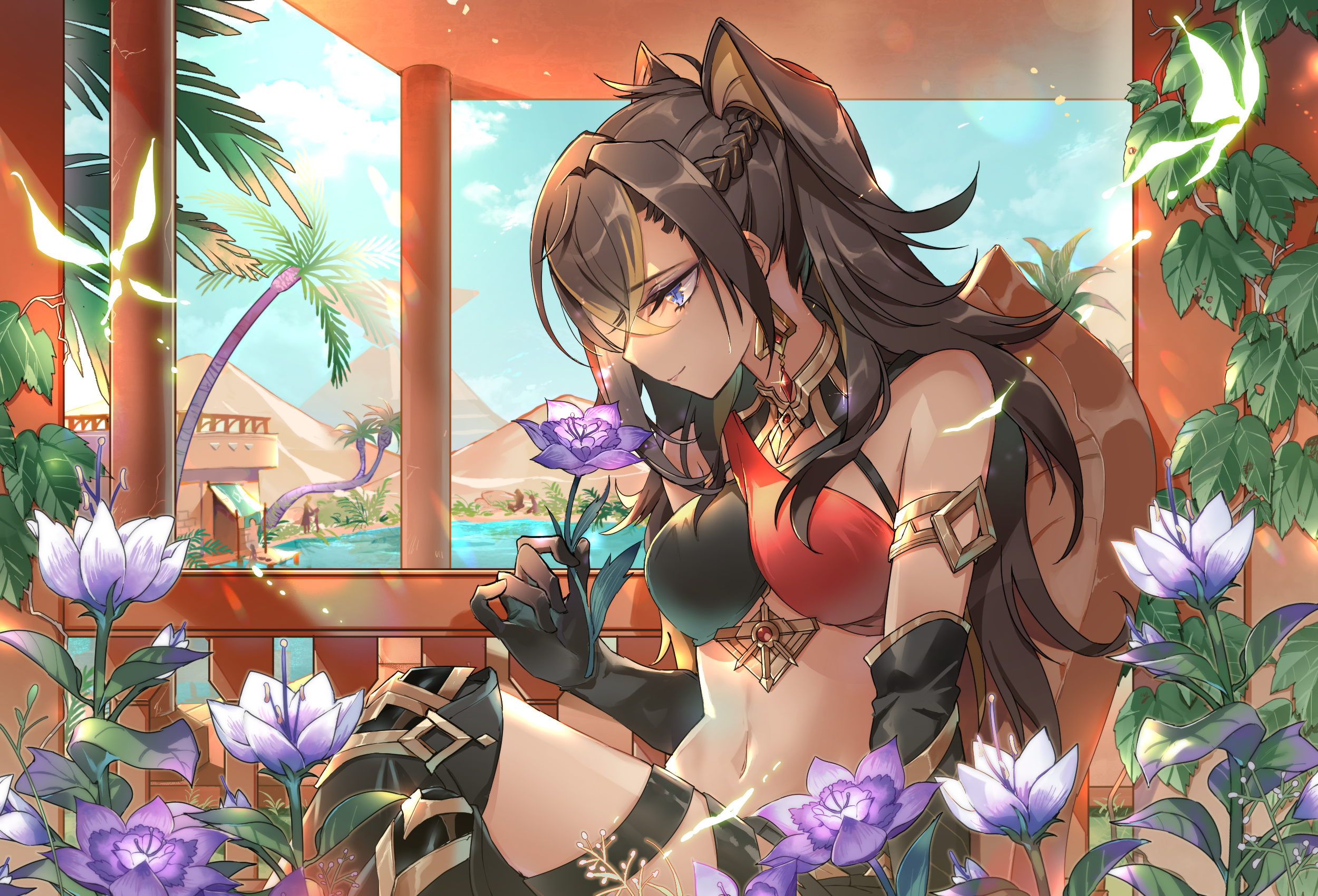 Dehya from Genshin Impact smelling a purple flower HD Wallpaper