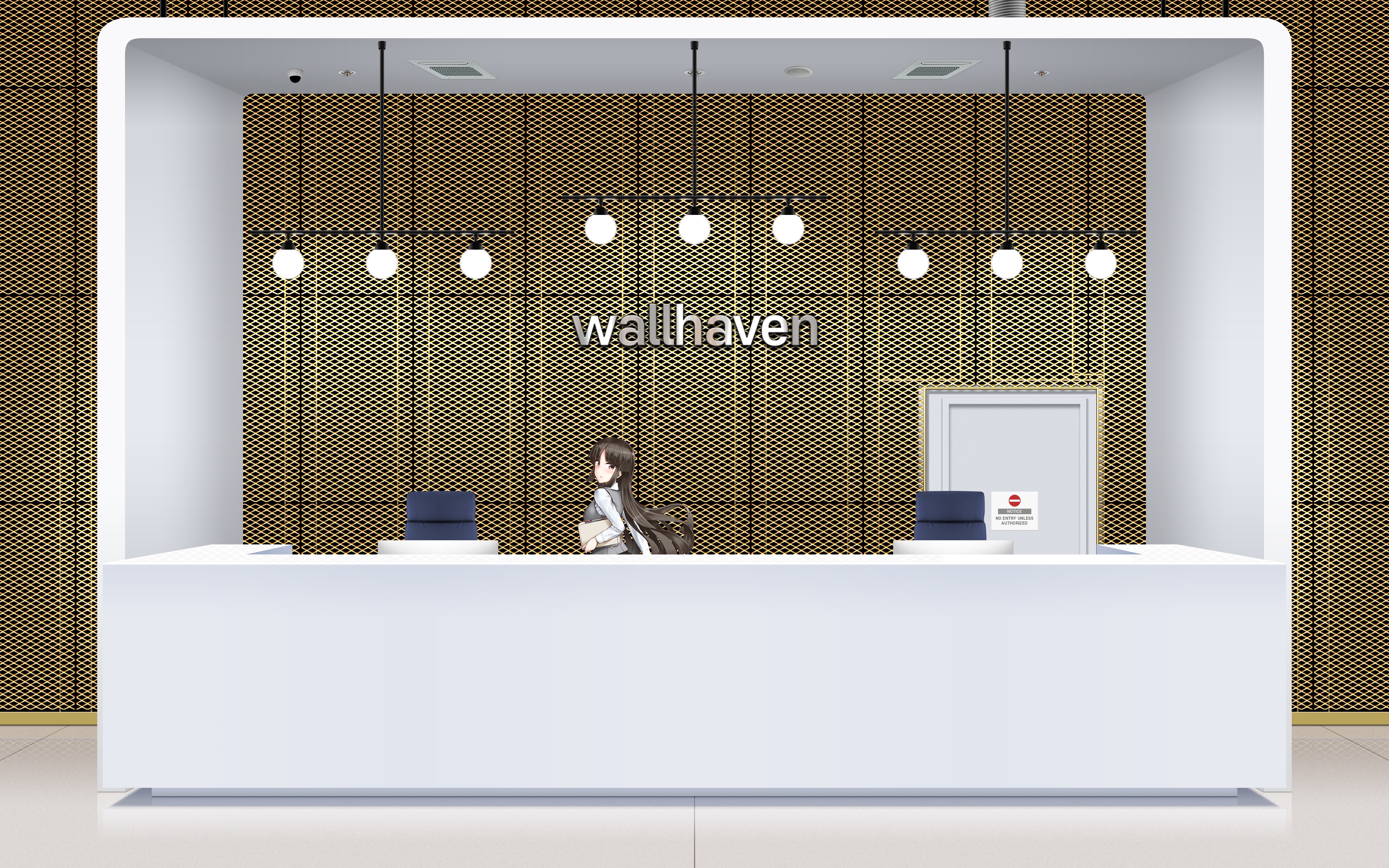 4K wallhaven reception desk with office girl HD Wallpaper