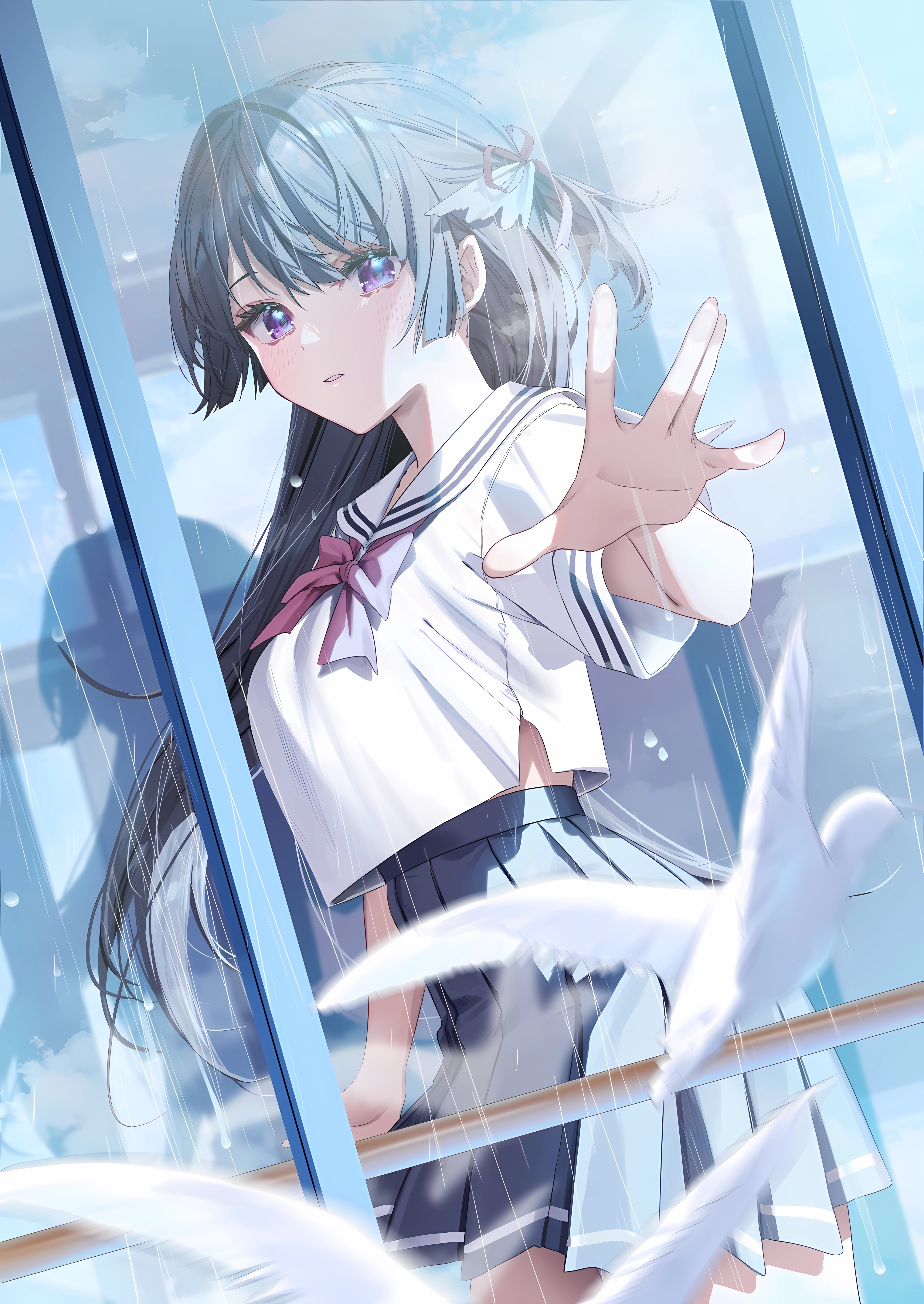 Schoolgirl in uniform reaching out in the rain HD Phone Wallpaper