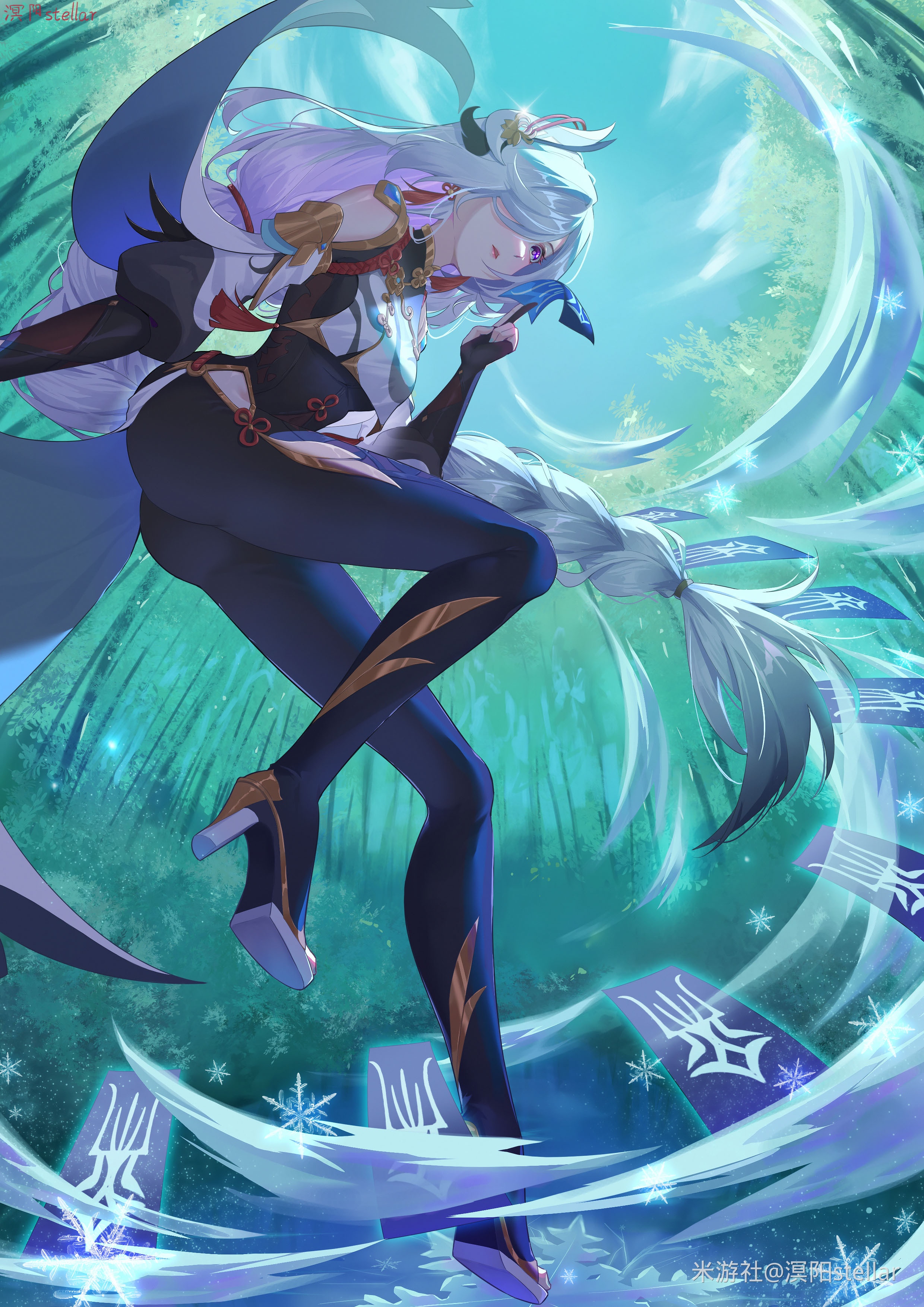 Shenhe from Genshin Impact in a snowy forest HD Phone Wallpaper