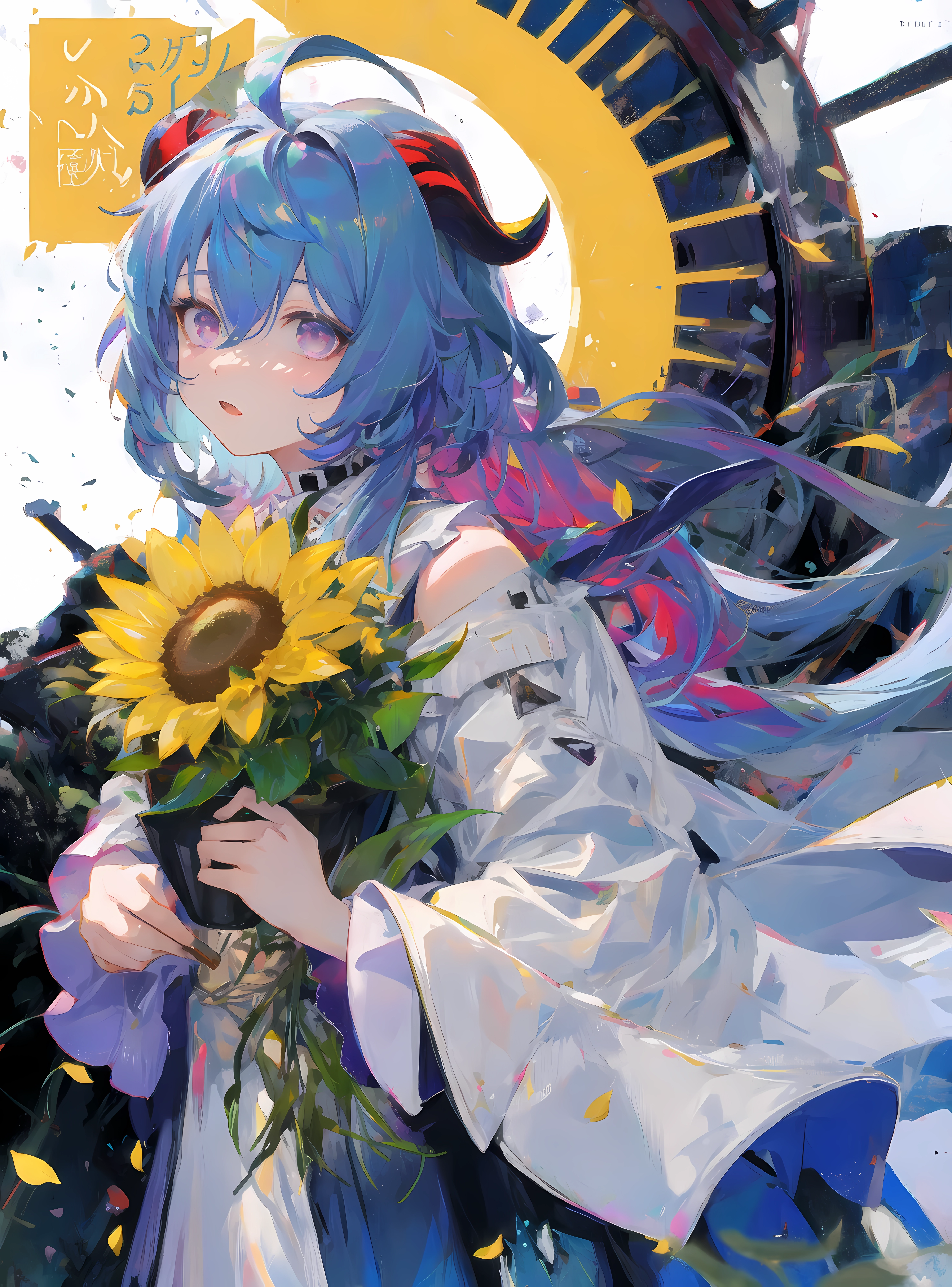 4K Anime Girl with Blue Hair and Horns Holding Sunflower HD Phone Wallpaper