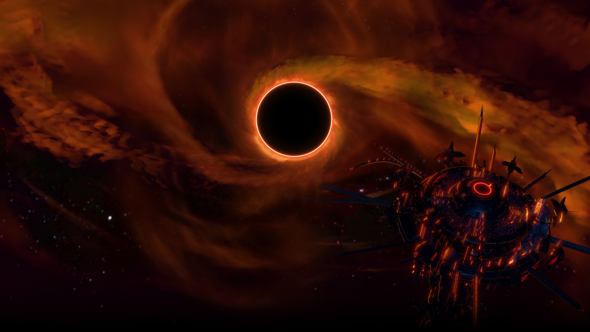 Black hole with accretion disk and space station HD Wallpaper