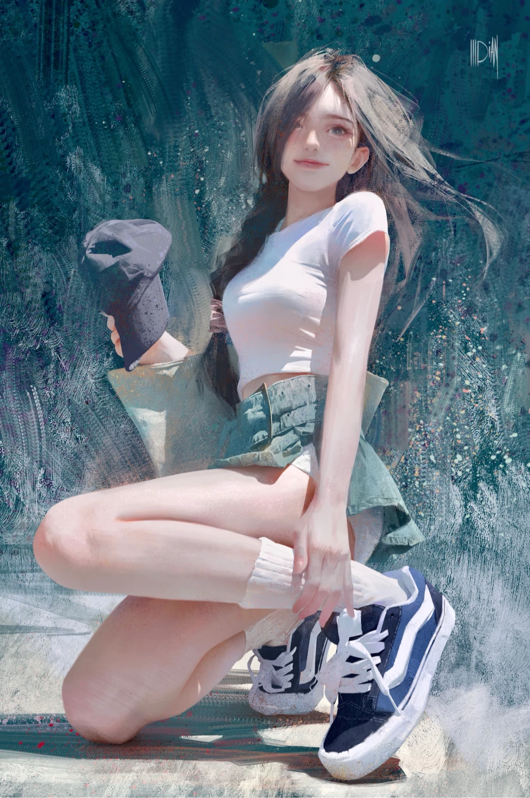 ILLDIAN Asian woman in white t-shirt and skirt holding cap HD Phone Wallpaper