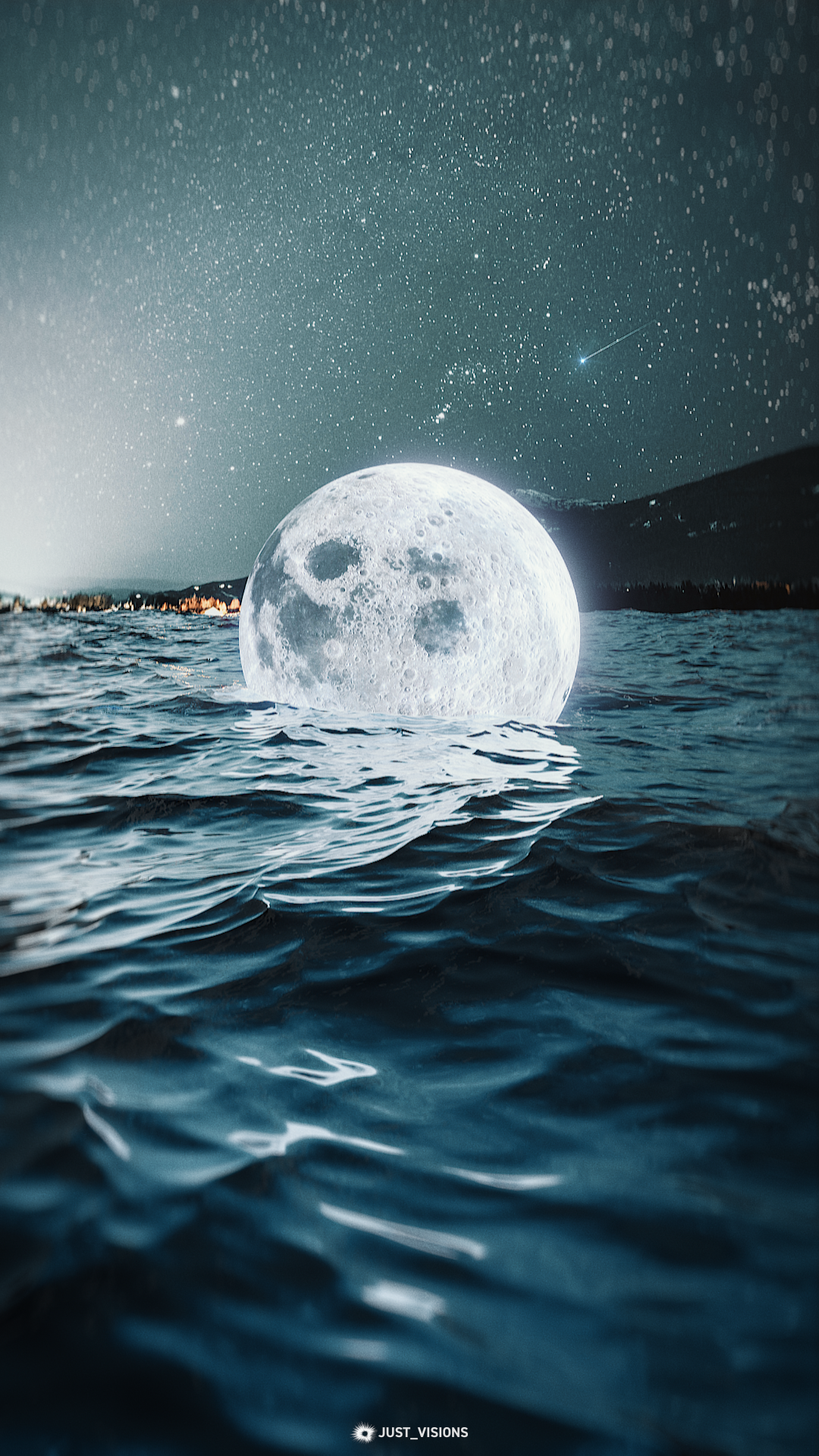 Moon rising over the ocean under a starry sky HD Phone Wallpaper