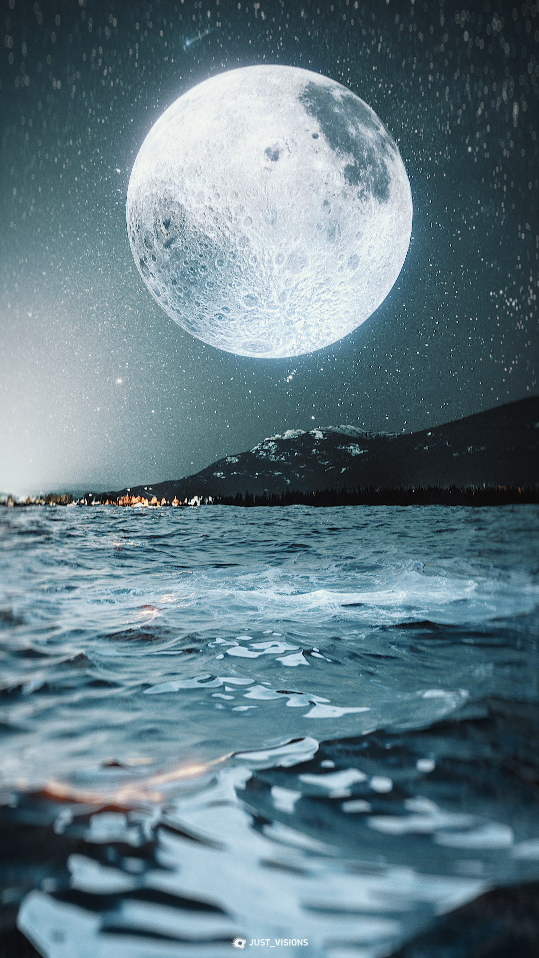 Moonlit night over a calm lake with mountains HD Phone Wallpaper