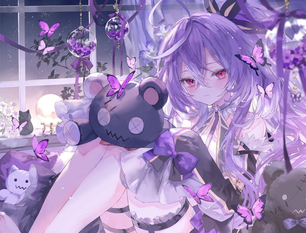 Anime girl with purple hair and butterflies HD Wallpaper