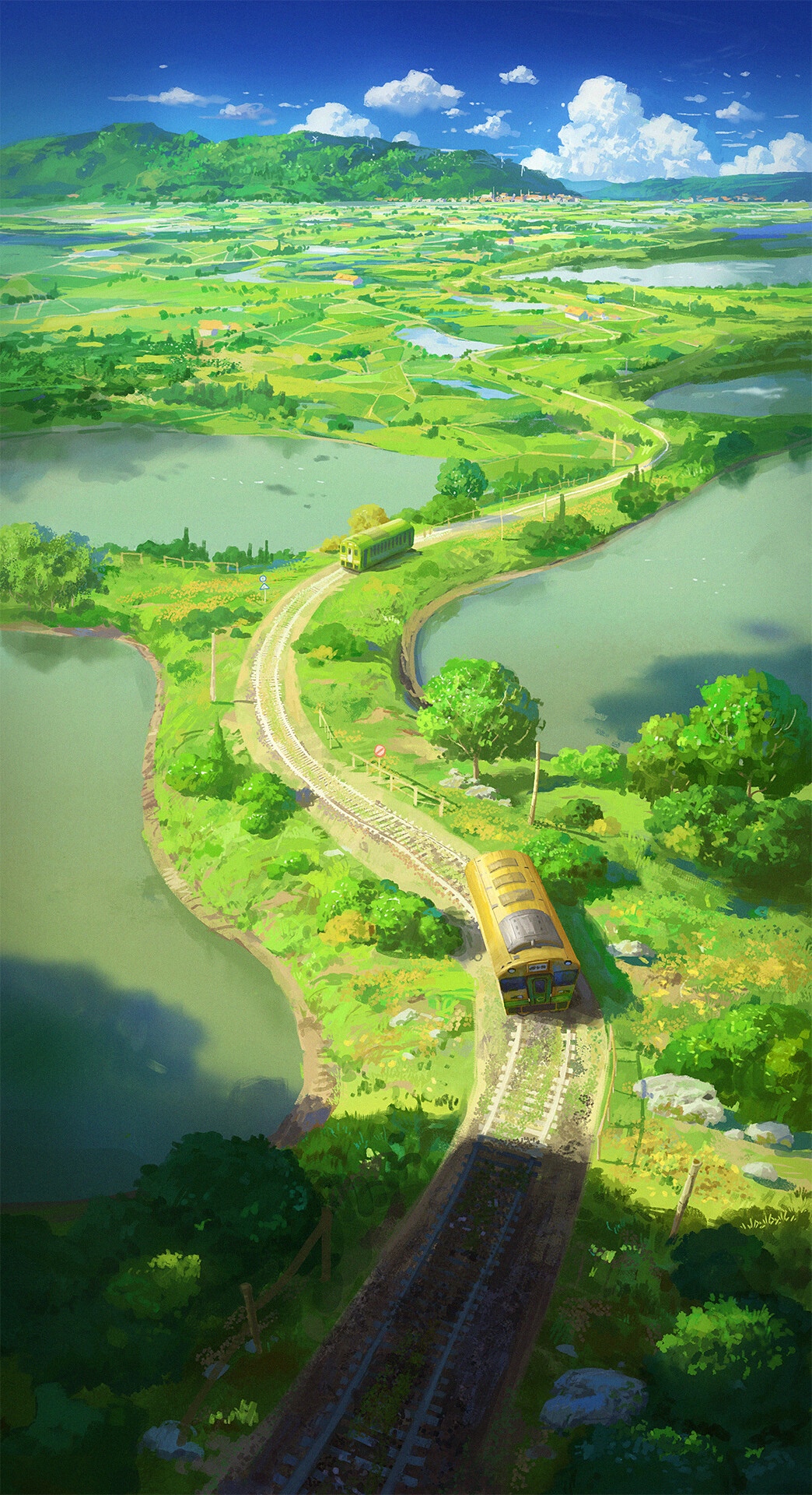 Trains on a railway track through a green landscape with ponds HD Phone Wallpaper