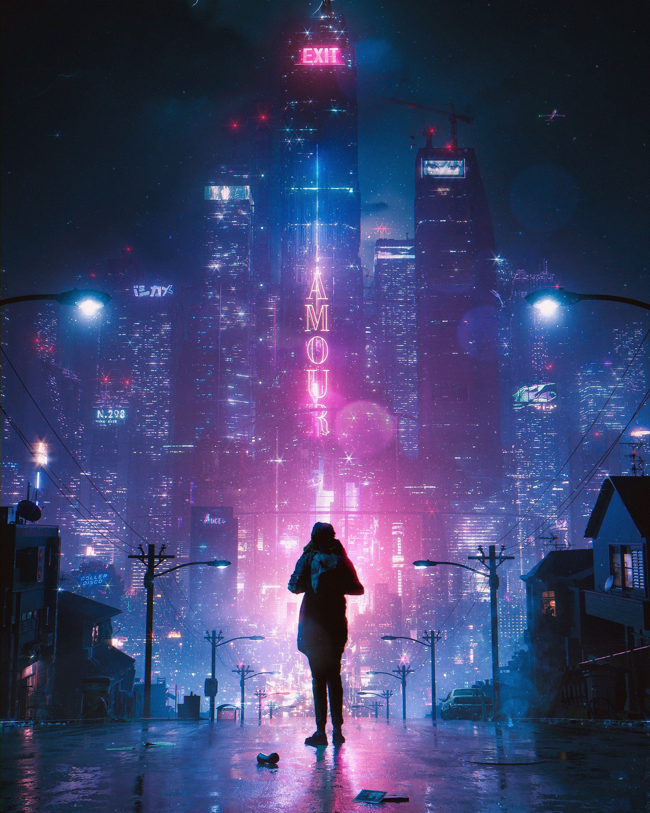 Cyberpunk city at night with neon lights HD Phone Wallpaper