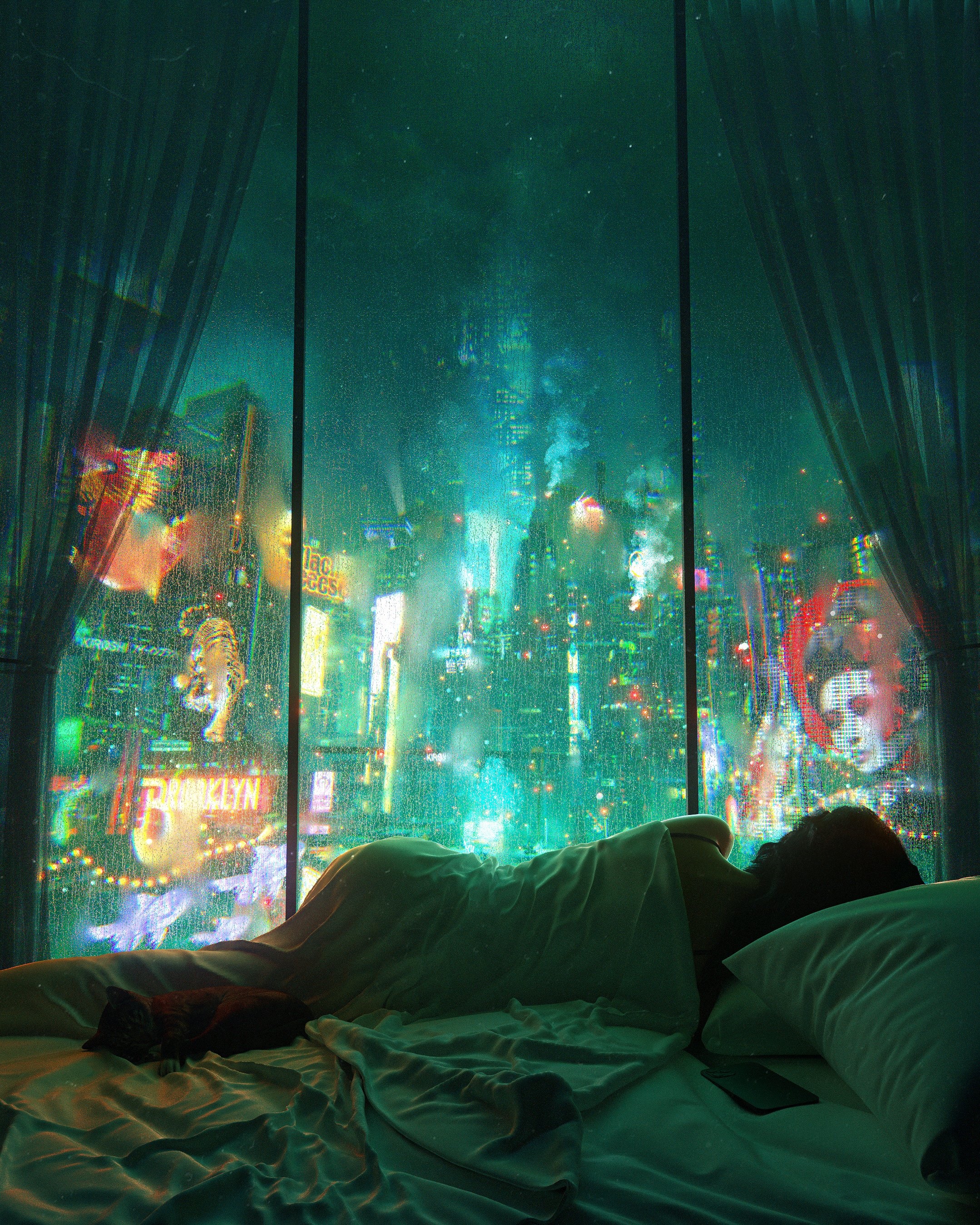 Cyberpunk city view from a bed at night HD Phone Wallpaper