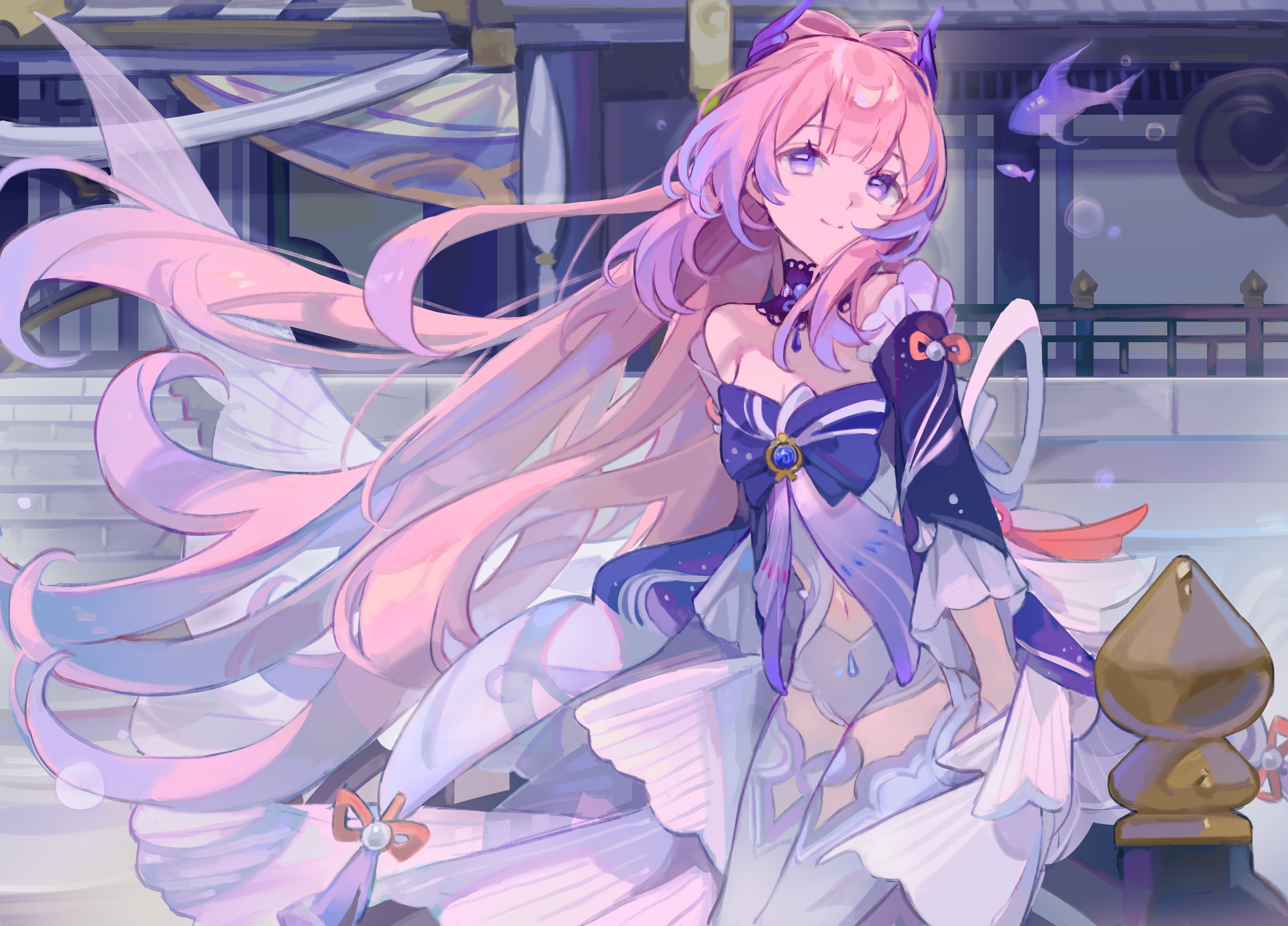 Sangonomiya Kokomi from Genshin Impact with fish HD Wallpaper