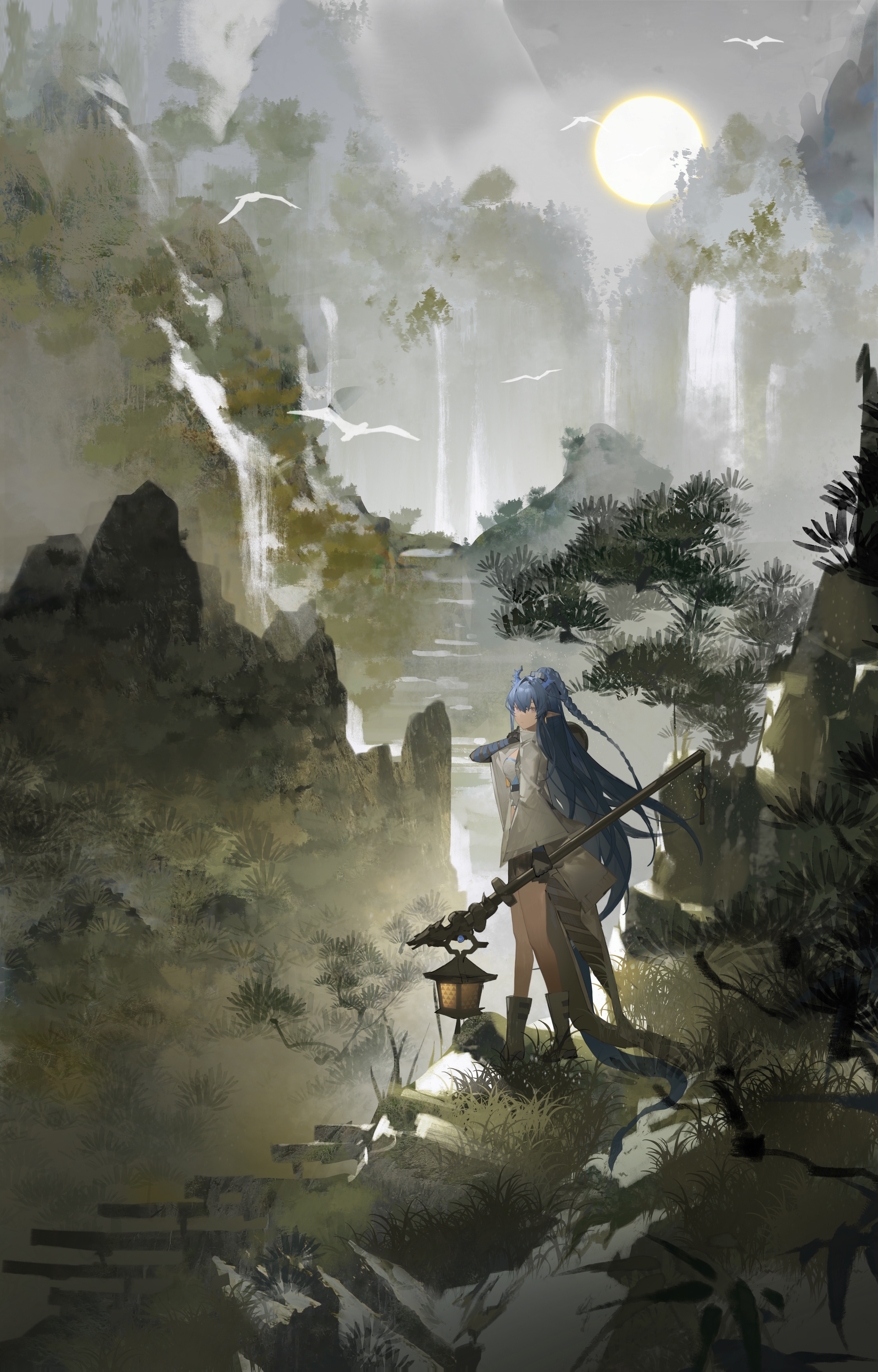 Ling from Arknights in a misty mountain landscape HD Phone Wallpaper