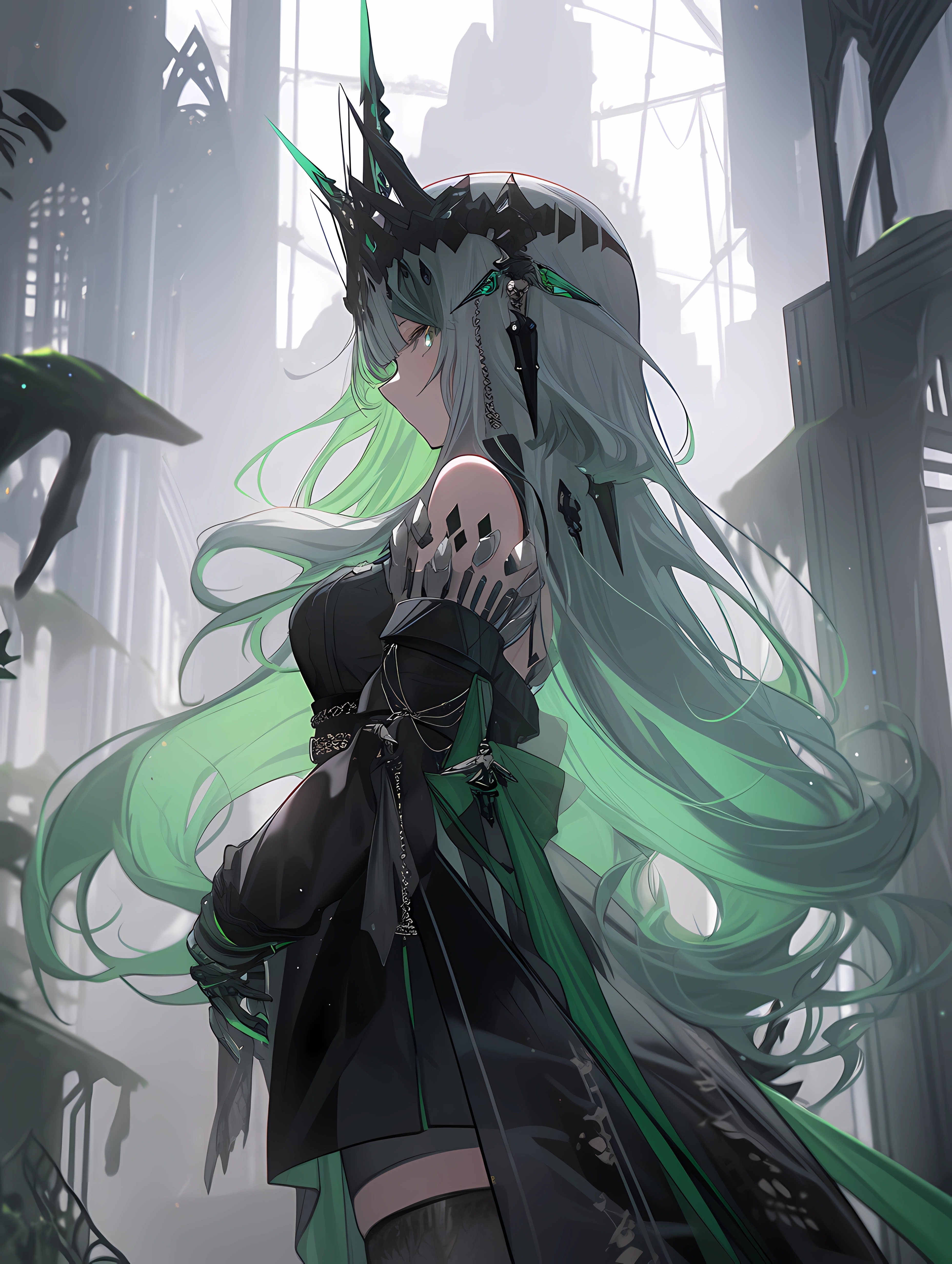 Anime girl with green hair and crown standing HD Phone Wallpaper