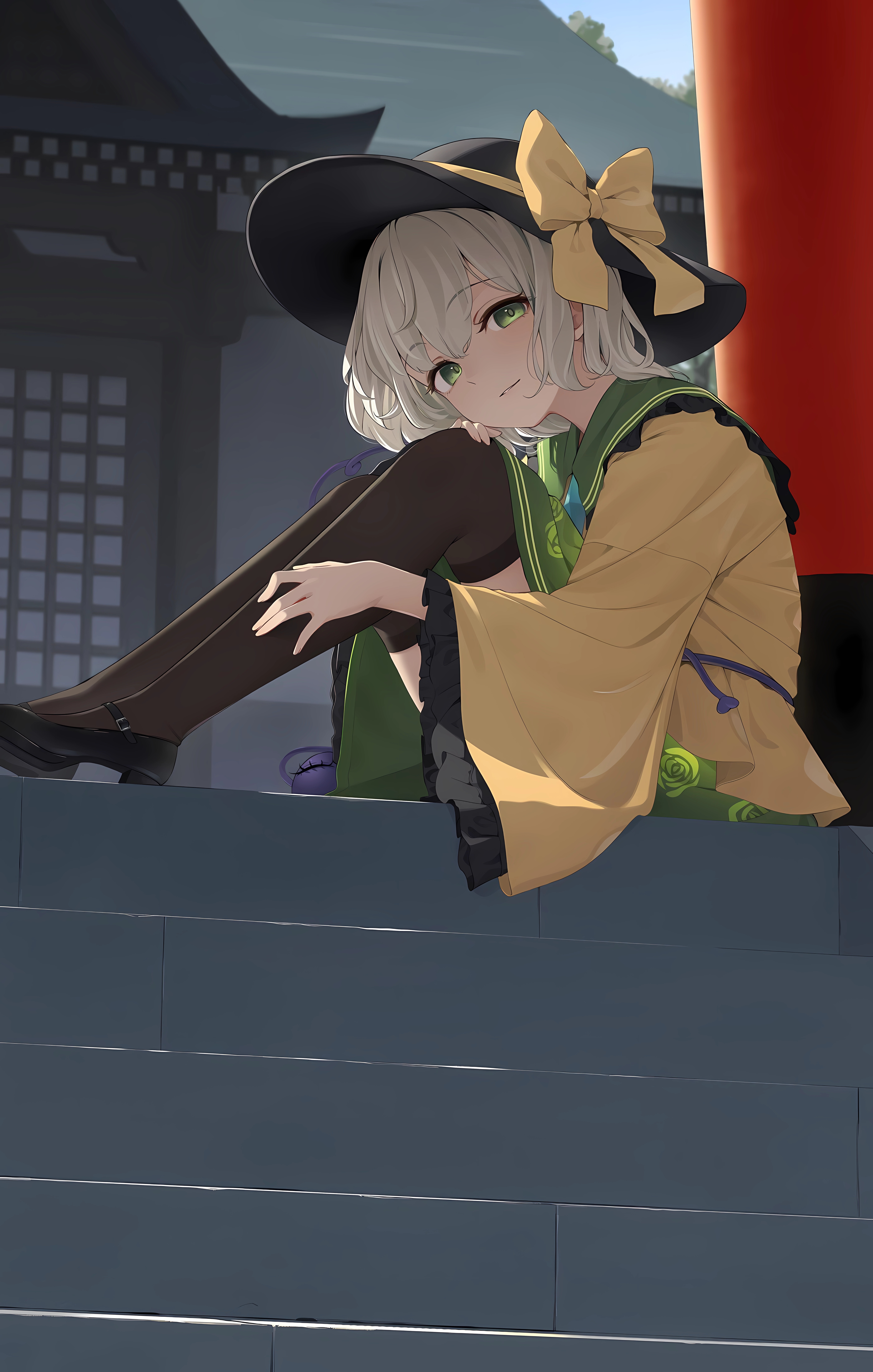 Komeiji Koishi from Touhou wearing a hat and sitting on stairs HD Phone Wallpaper