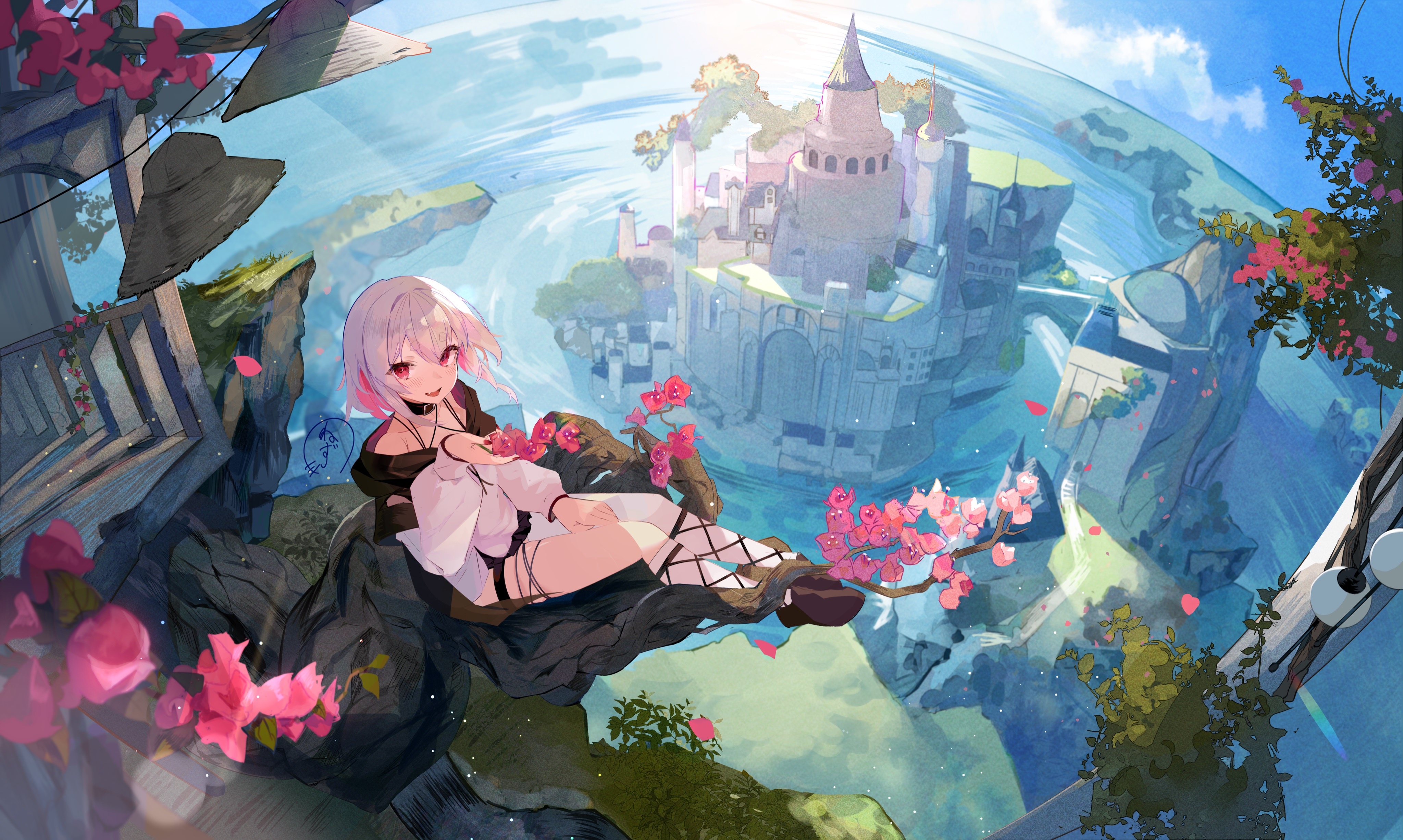 Girl with pink hair and castle in fantasy world HD Wallpaper