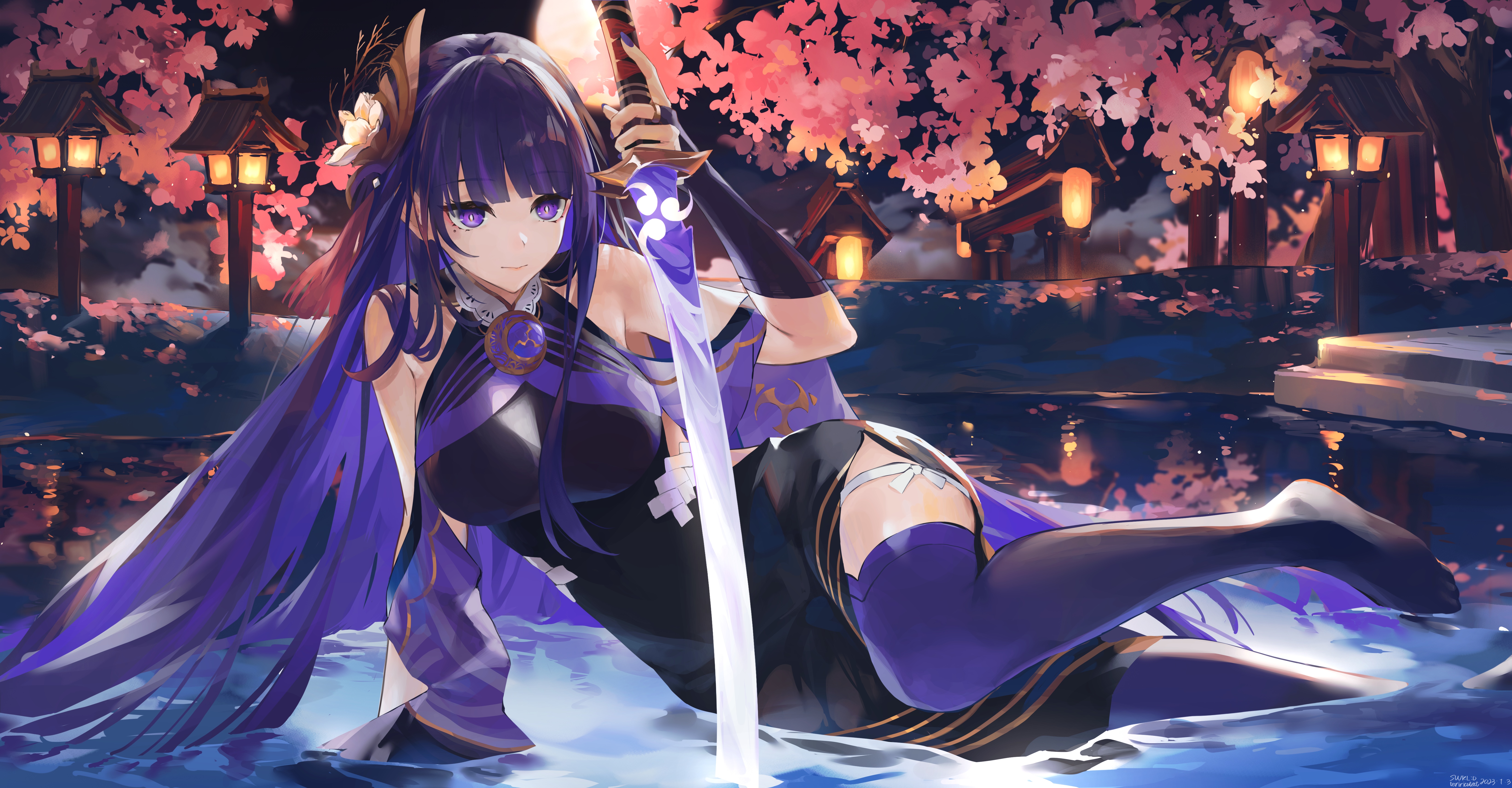 4K Raiden Shogun with sword in water HD Wallpaper