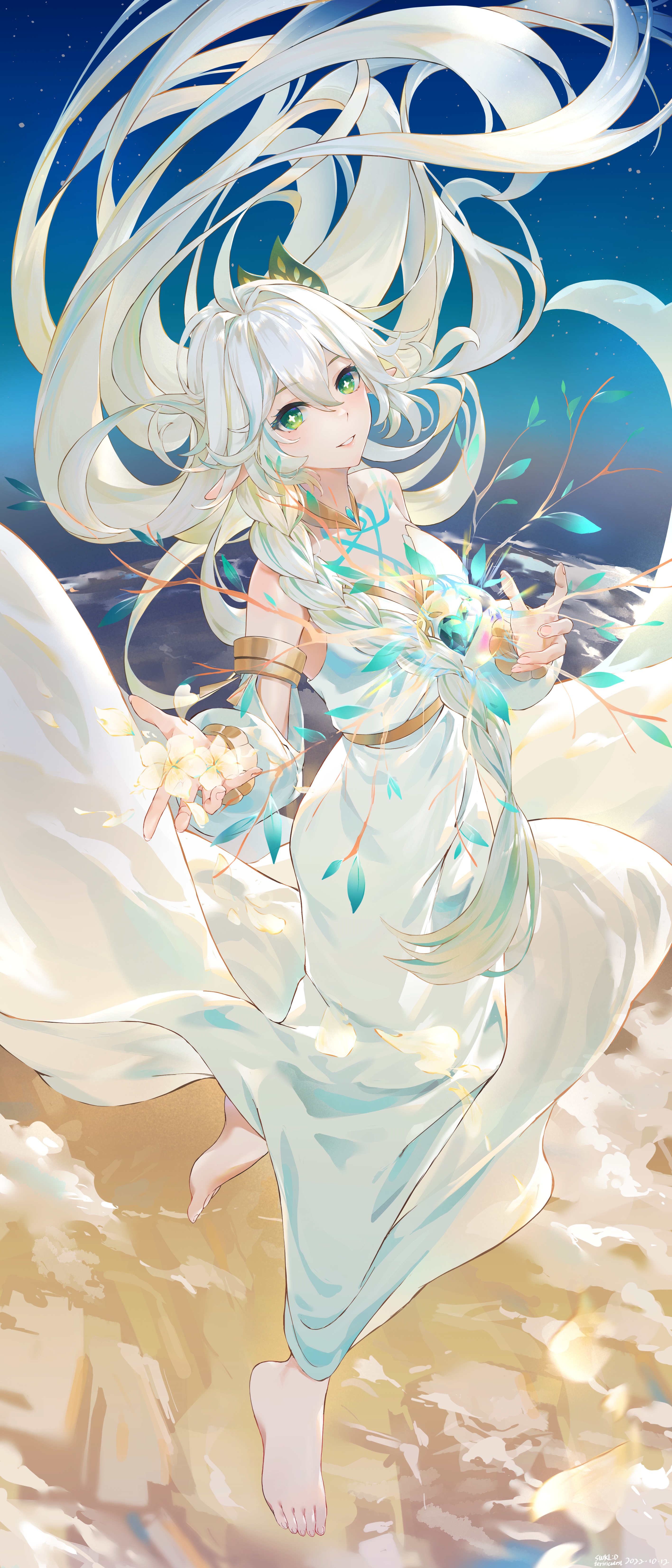 Nahida from Genshin Impact with flowing white hair HD Phone Wallpaper