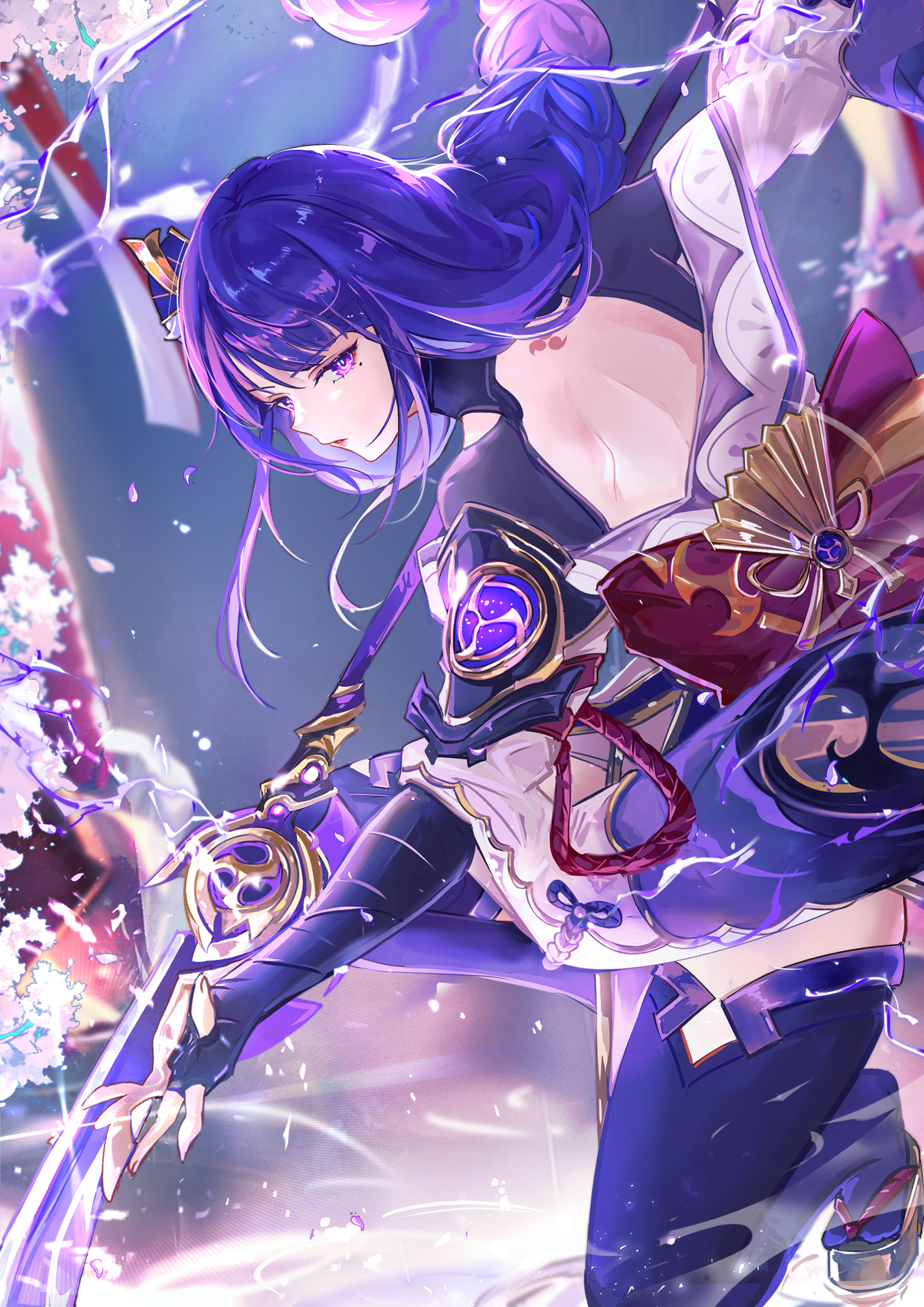 Raiden Shogun with purple hair and sword HD Phone Wallpaper