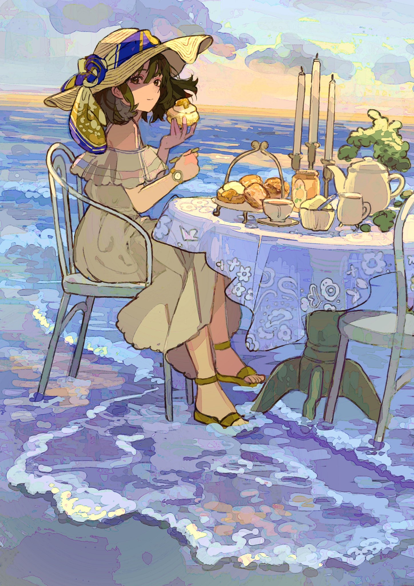 Woman in a hat having tea by the ocean waves HD Phone Wallpaper