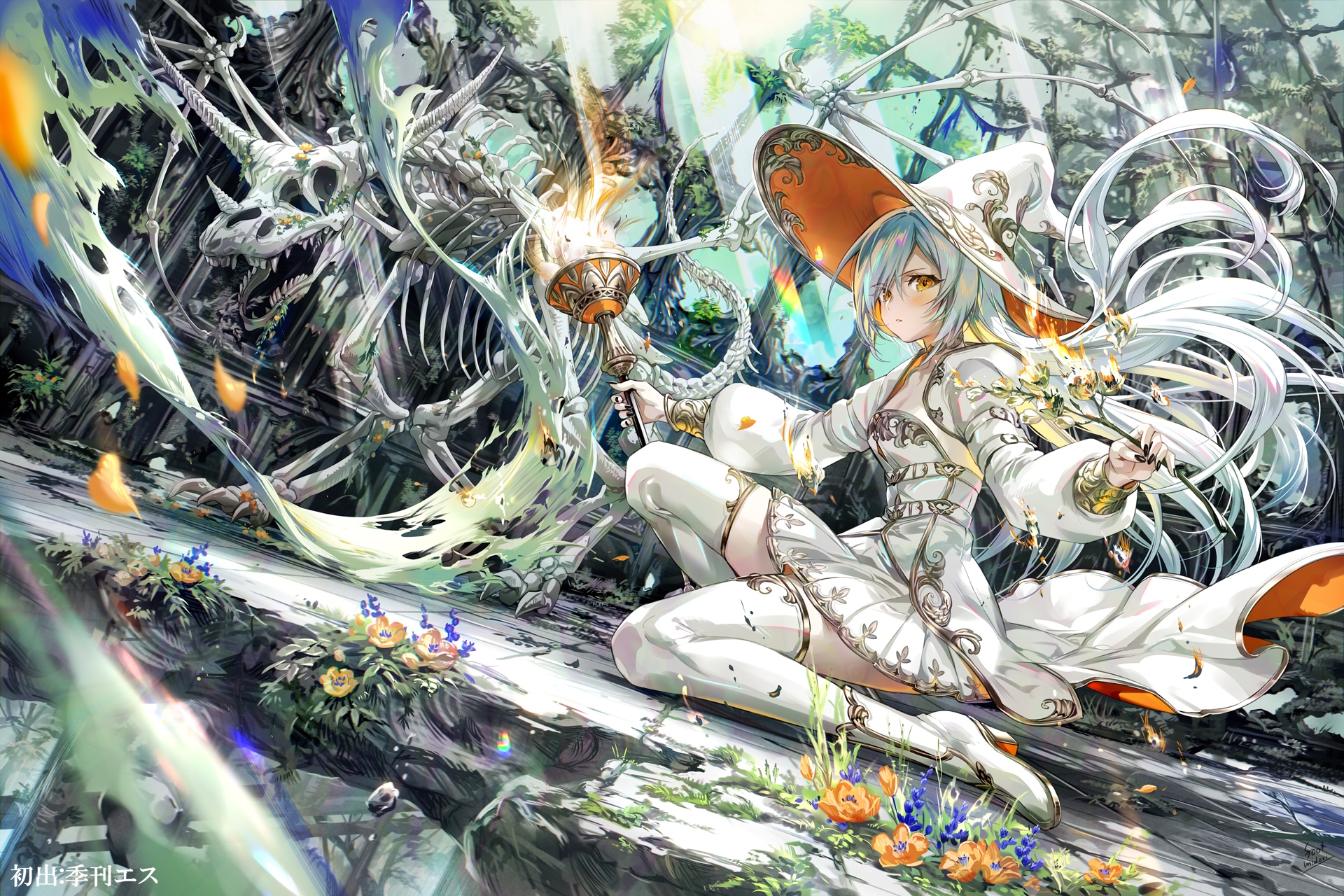 Girl in witch hat with skeleton in forest HD Wallpaper