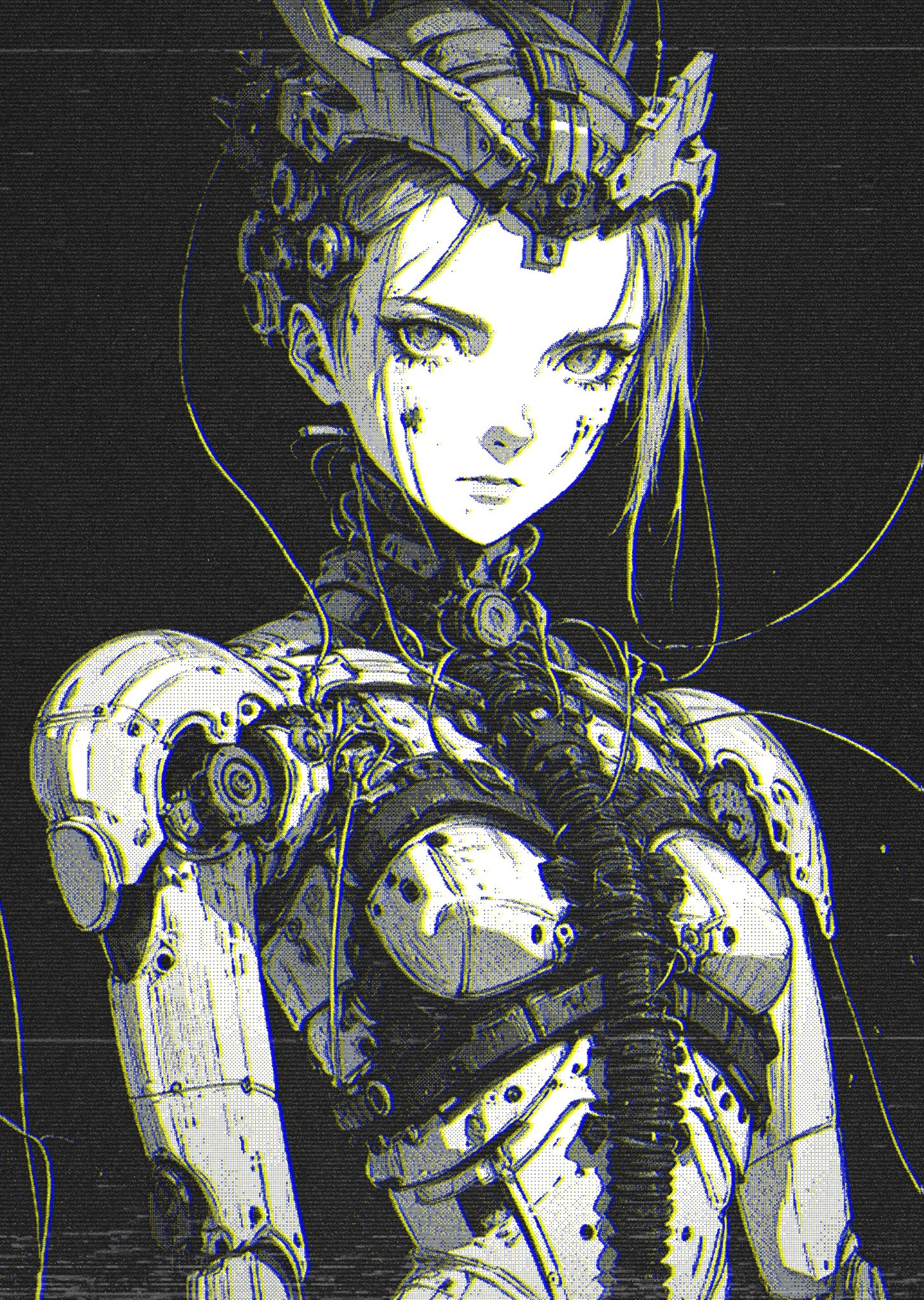 Monochrome cyberpunk cyborg girl with intricate mechanical parts HD Phone Wallpaper