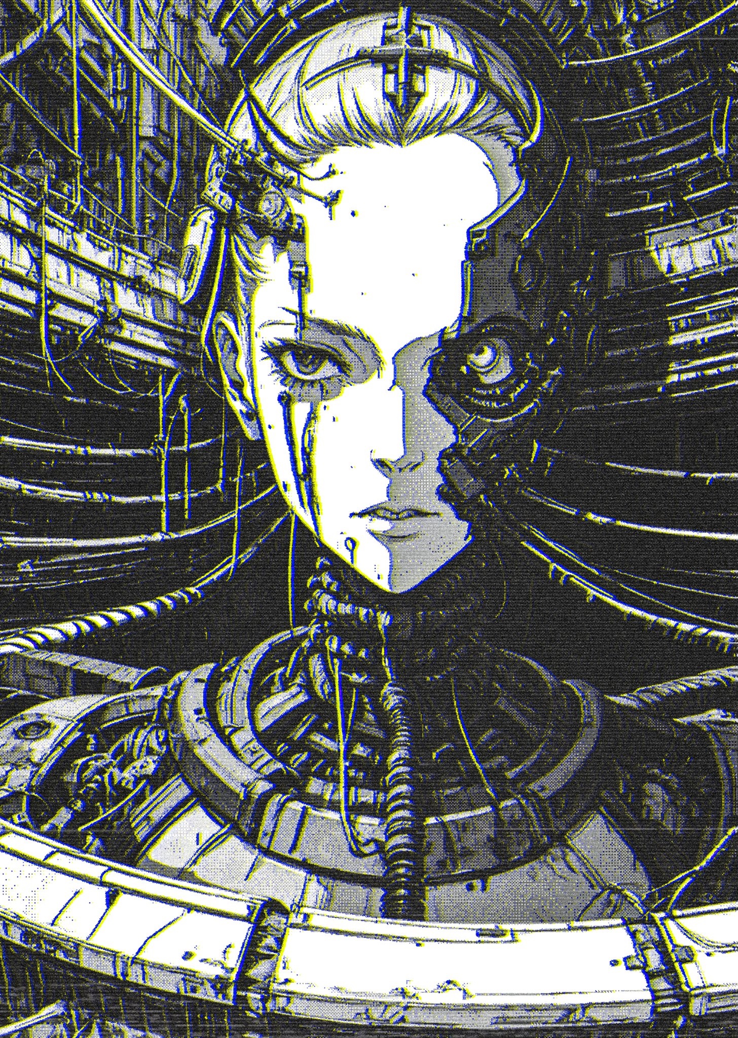Monochrome portrait of a cyborg with mechanical parts HD Phone Wallpaper
