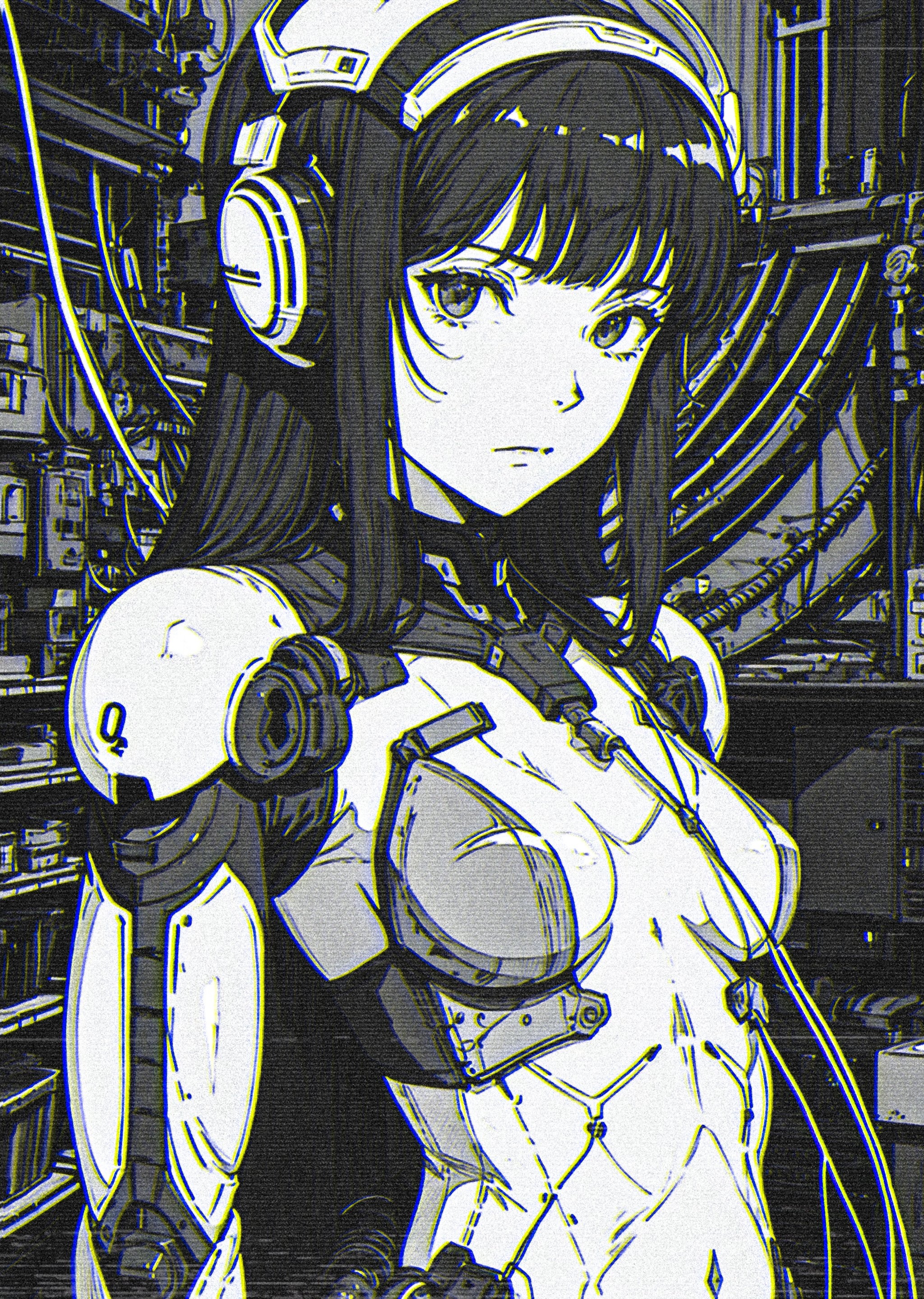 Monochrome cyberpunk cyborg girl with headphones HD Phone Wallpaper