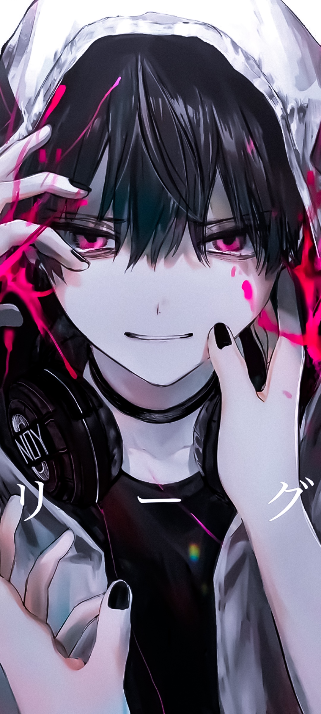 Anime boy with headphones and pink accents HD Phone Wallpaper