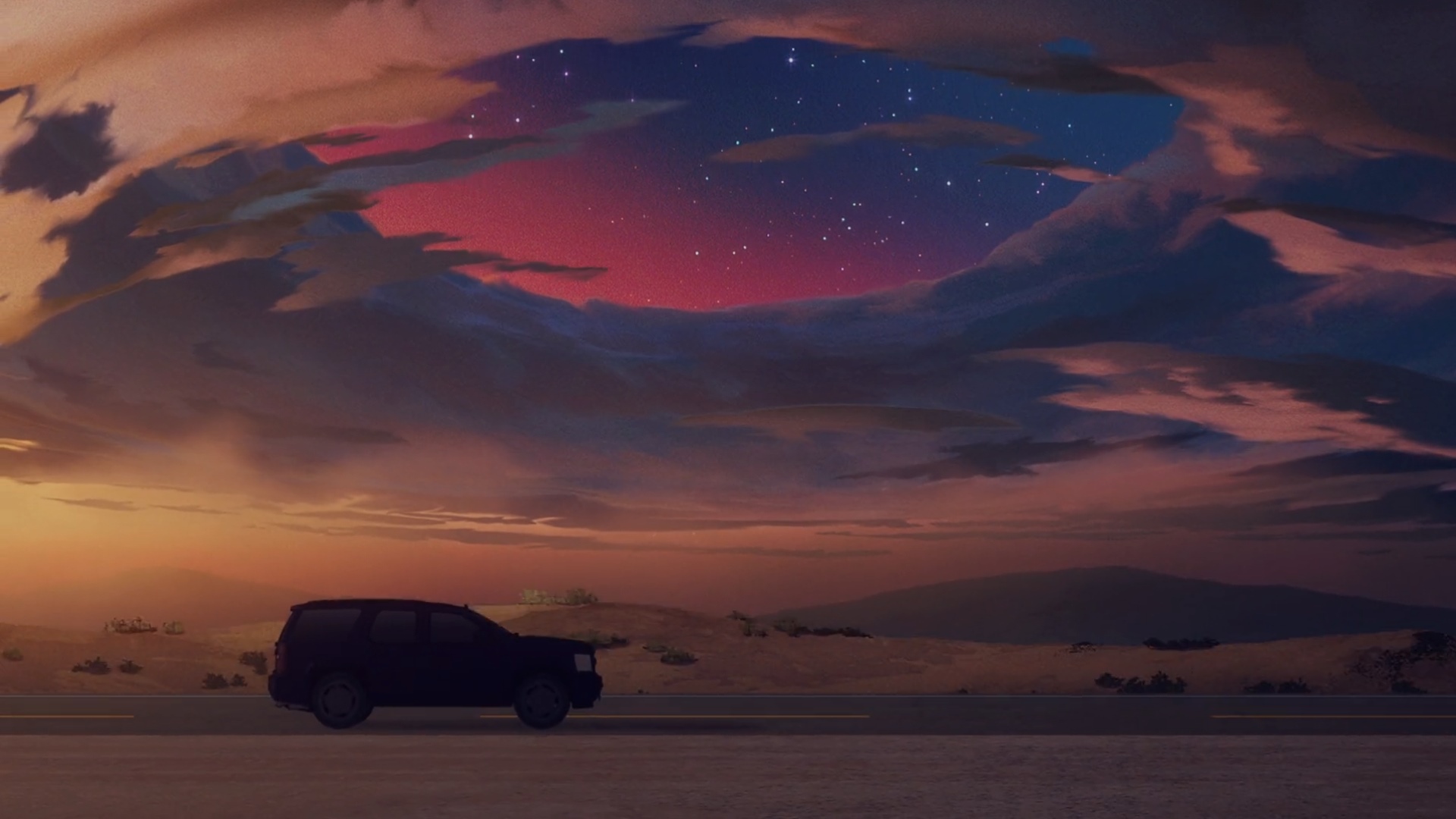 Anime screenshot of a car on a road at sunset HD Wallpaper