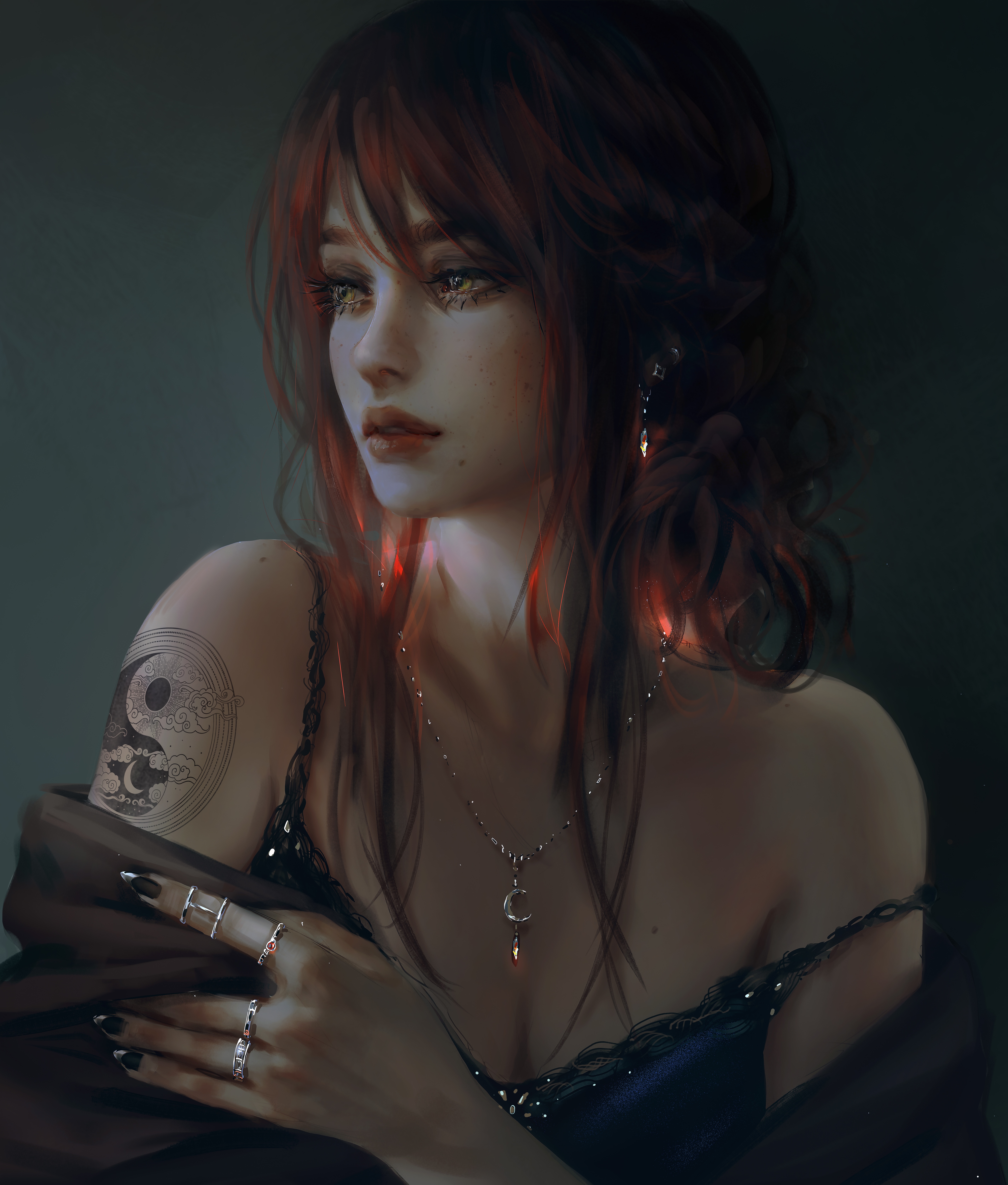 Woman with dark hair, tattoo, and jewelry HD Phone Wallpaper